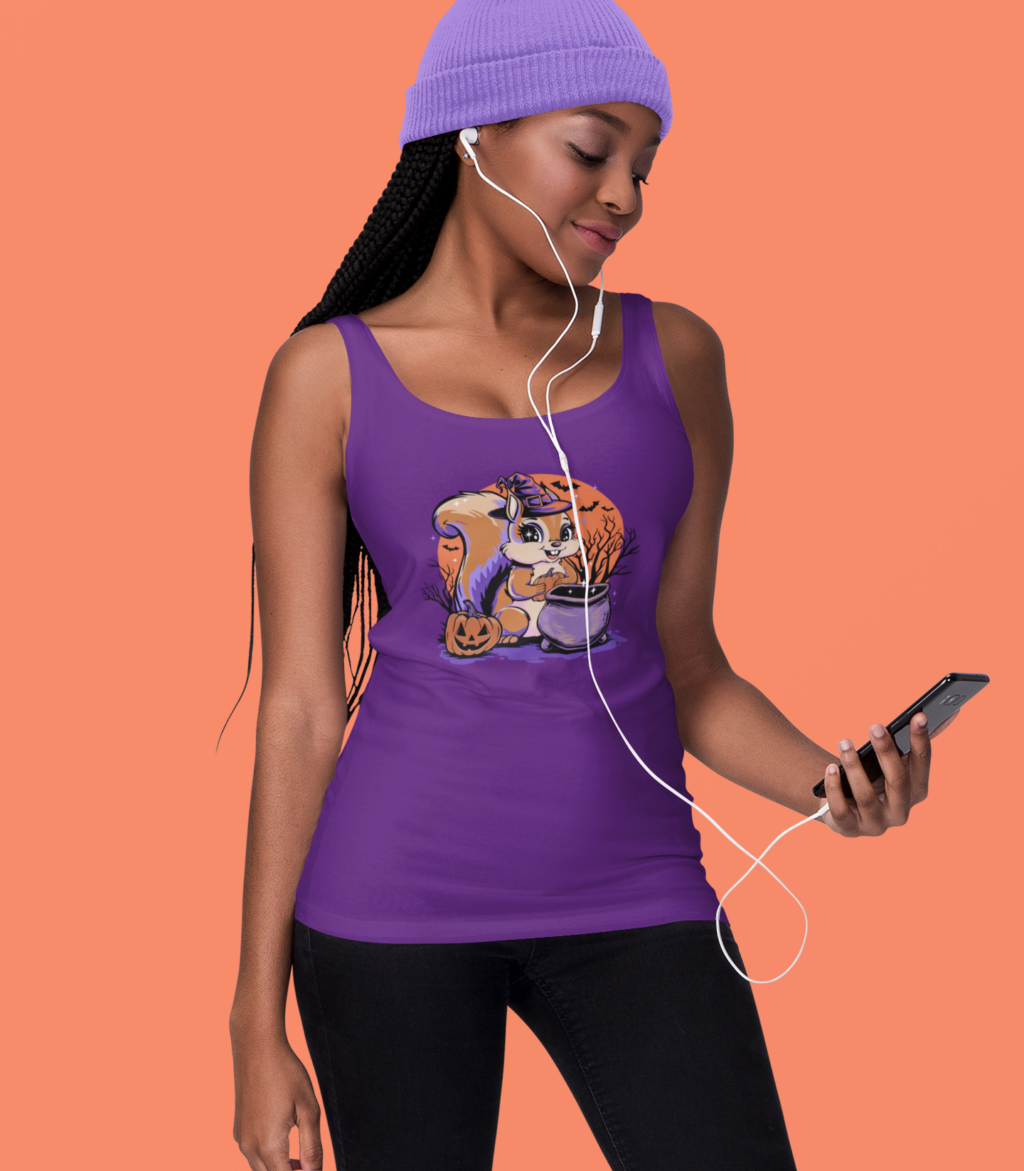 Witchy Squirrel Women's Racerback Tank Top, Halloween Witch Squirrels Pumpkin Cauldron & Bats, Spooky Magical Ladies Sleeveless Shirt