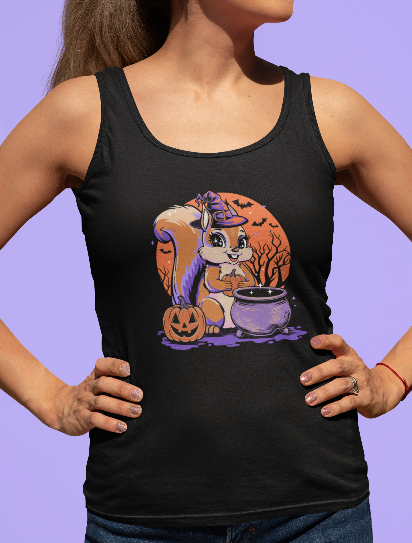 Witchy Squirrel Women's Racerback Tank Top, Halloween Witch Squirrels Pumpkin Cauldron & Bats, Spooky Magical Ladies Sleeveless Shirt