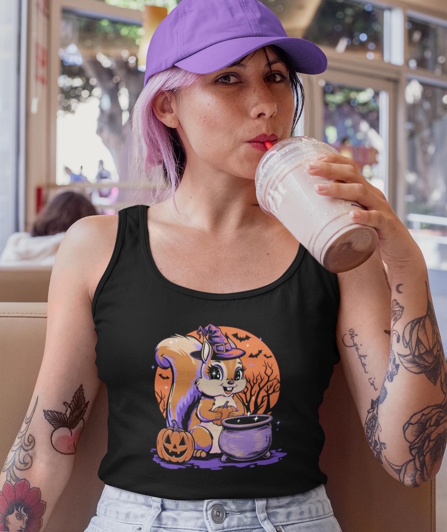 Witchy Squirrel Women's Racerback Tank Top, Halloween Witch Squirrels Pumpkin Cauldron & Bats, Spooky Magical Ladies Sleeveless Shirt