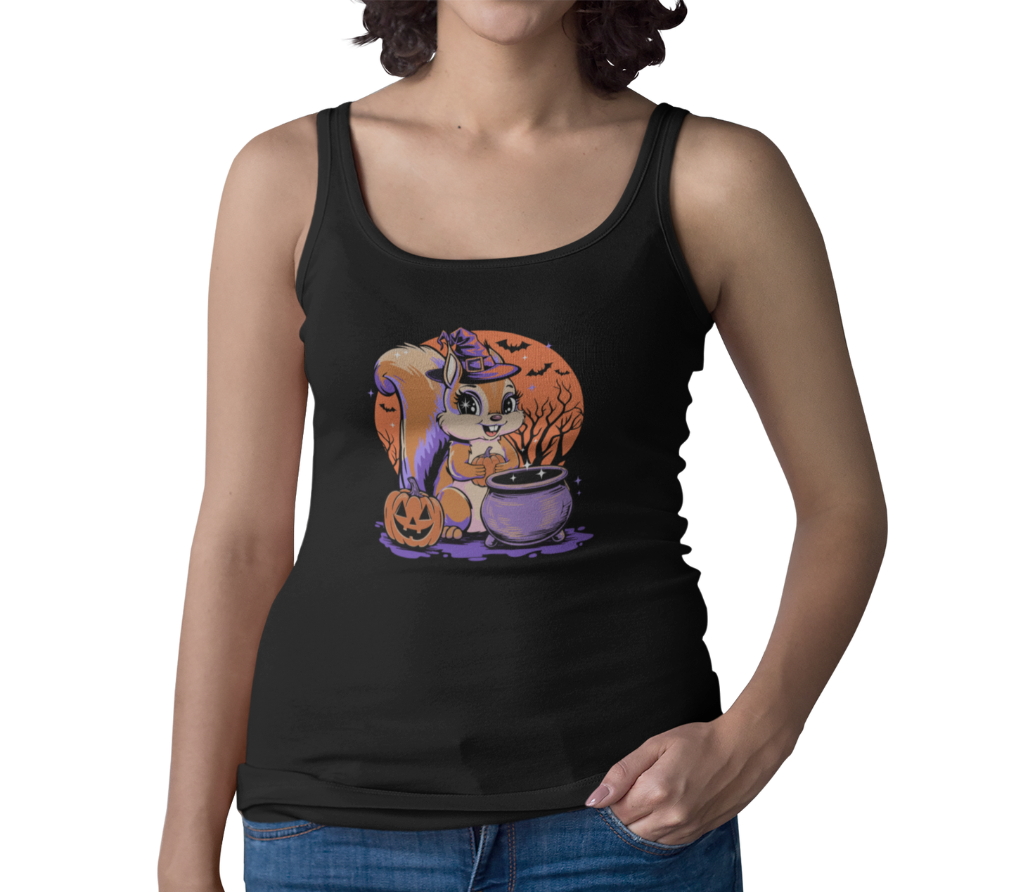 Witchy Squirrel Women's Racerback Tank Top, Halloween Witch Squirrels Pumpkin Cauldron & Bats, Spooky Magical Ladies Sleeveless Shirt