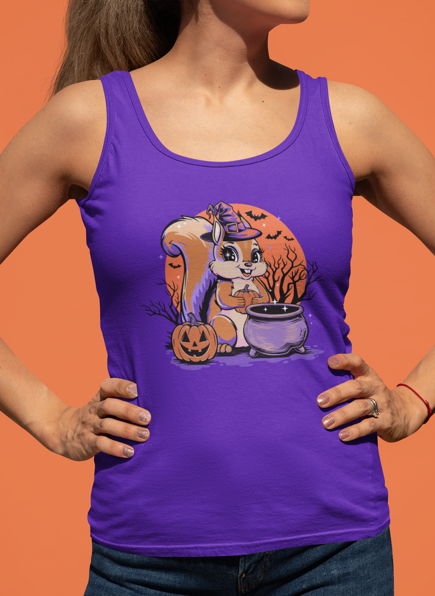 Witchy Squirrel Women's Racerback Tank Top, Halloween Witch Squirrels Pumpkin Cauldron & Bats, Spooky Magical Ladies Sleeveless Shirt