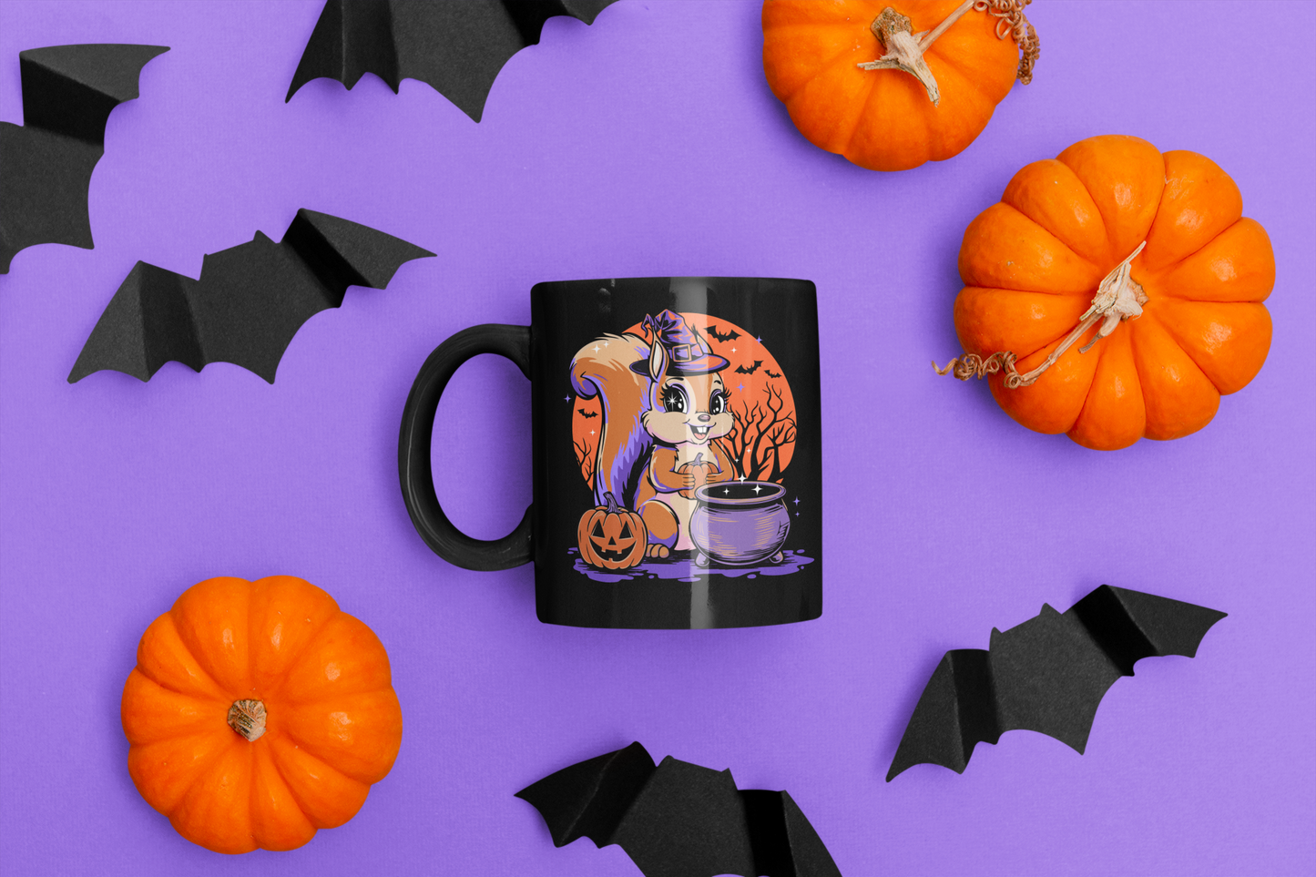 Witchy Squirrel Halloween Black Mug, Squirrels Design Ceramic Coffee Mugs, Spooky Gift Fall Decor, Witch Pumpkin Bats Cauldron Drinkware