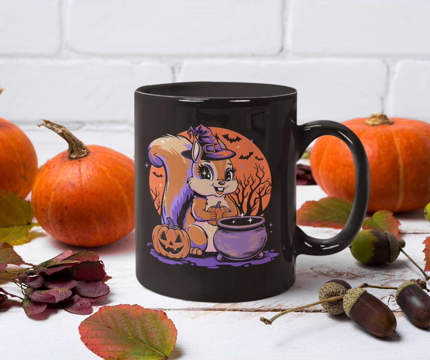 Witchy Squirrel Halloween Black Mug, Squirrels Design Ceramic Coffee Mugs, Spooky Gift Fall Decor, Witch Pumpkin Bats Cauldron Drinkware