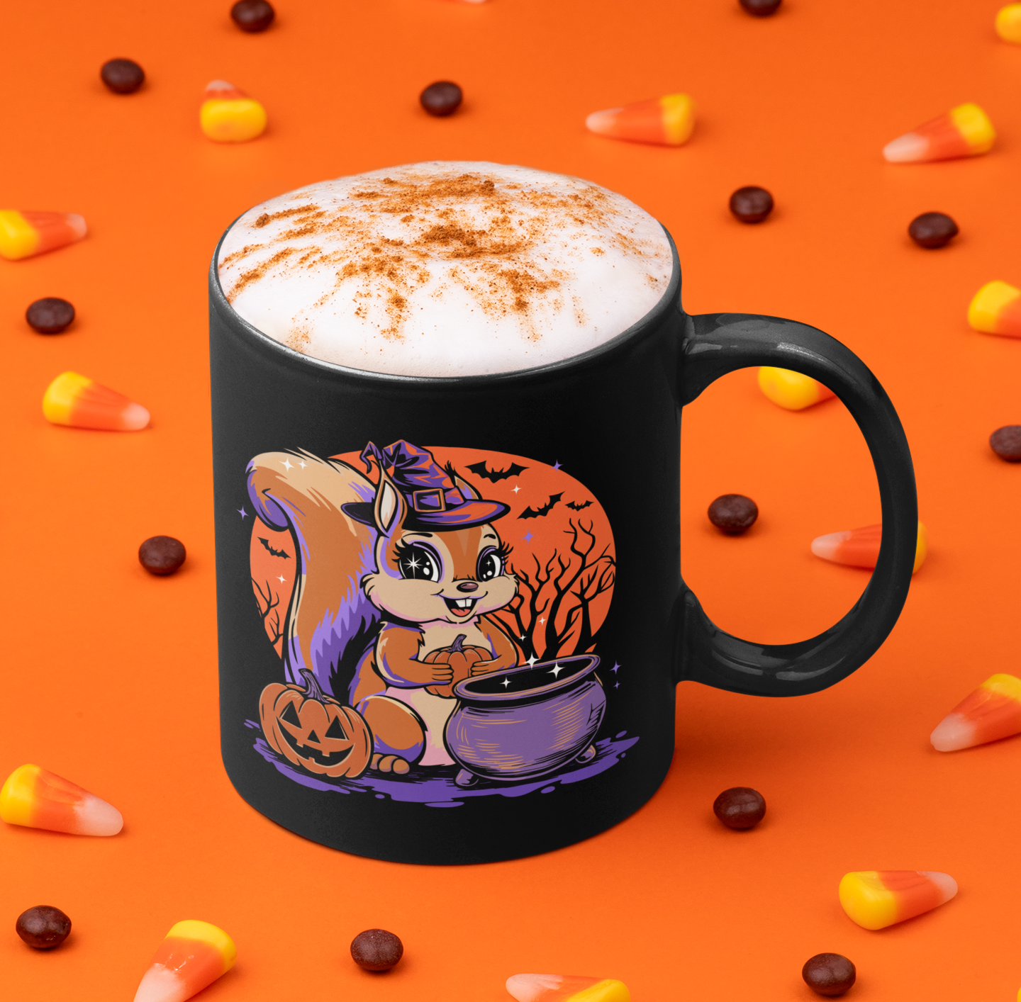 Witchy Squirrel Halloween Black Mug, Squirrels Design Ceramic Coffee Mugs, Spooky Gift Fall Decor, Witch Pumpkin Bats Cauldron Drinkware