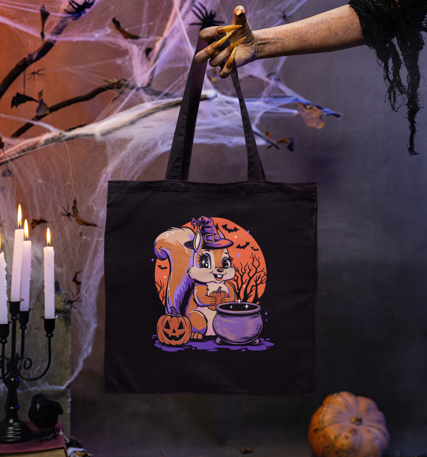 Witchy Squirrel Canvas Tote Bag, Halloween Witch Squirrels Pumpkin Cauldron & Bats, Spooky Cotton Trick-Or-Treat Bags