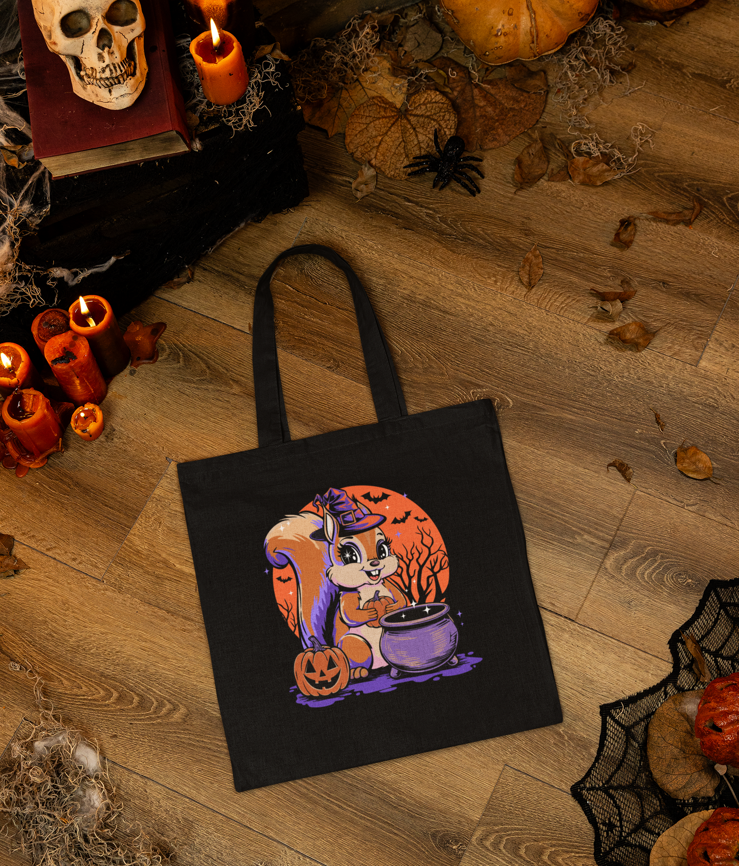 Witchy Squirrel Canvas Tote Bag, Halloween Witch Squirrels Pumpkin Cauldron & Bats, Spooky Cotton Trick-Or-Treat Bags