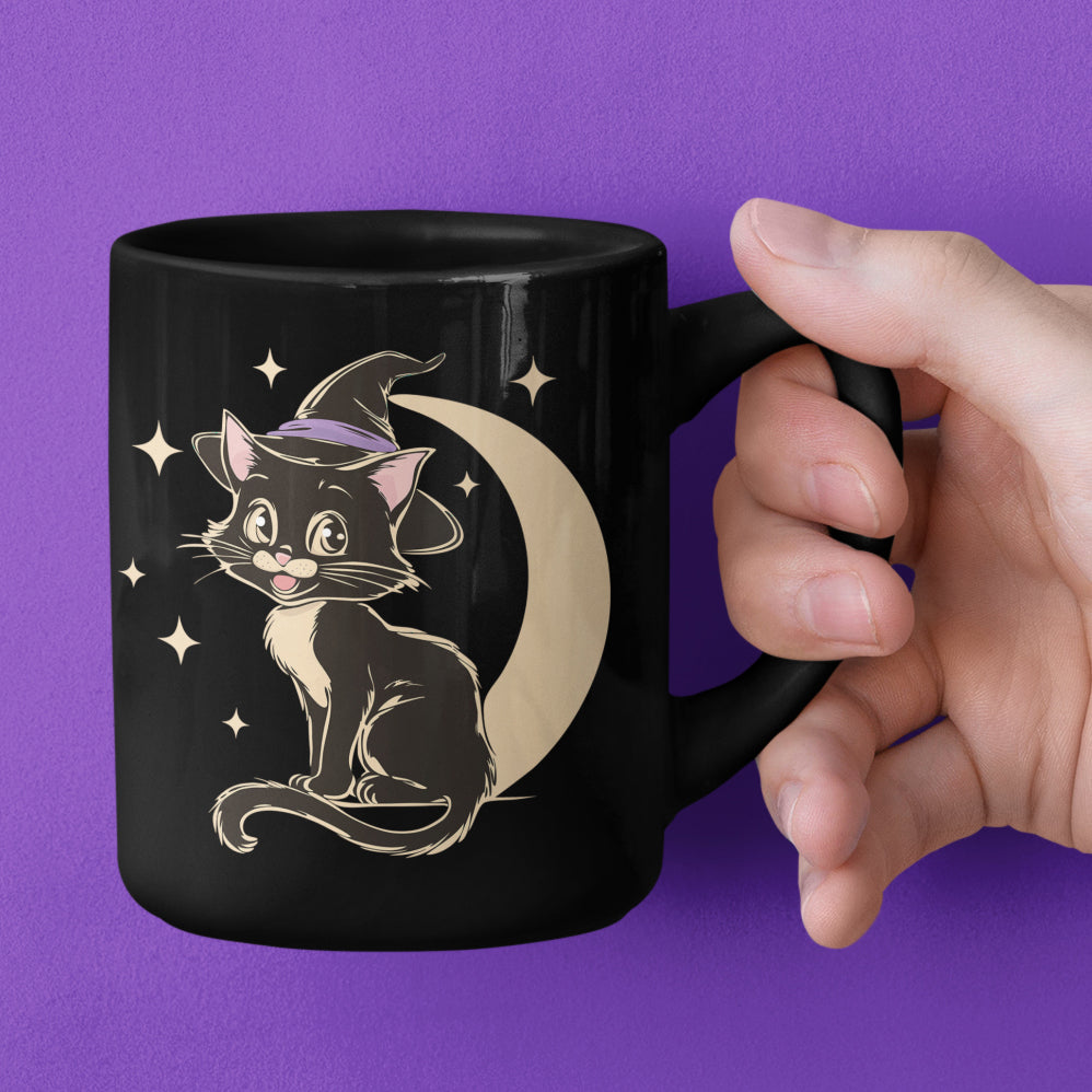 Witchy Kitty Black Ceramic Coffee Mug (11oz, 15oz) with Spooky Halloween Black Cat with Witch Hat & Moon Print