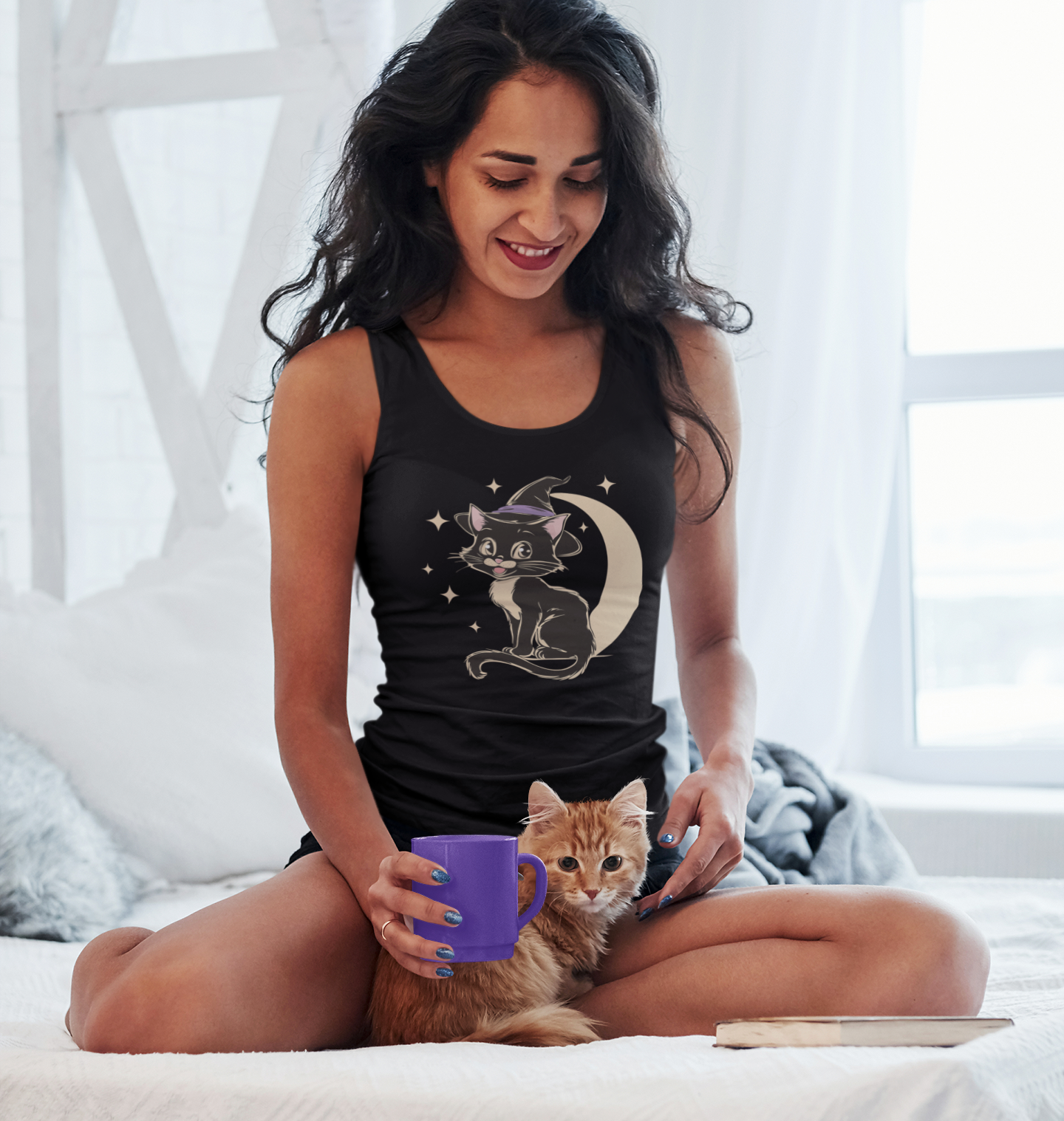 Witchy Kitty Women's Racerback Tank Top - Black Cat Halloween Tank with Retro Kitten with Witch Hat & Crescent Moon Print