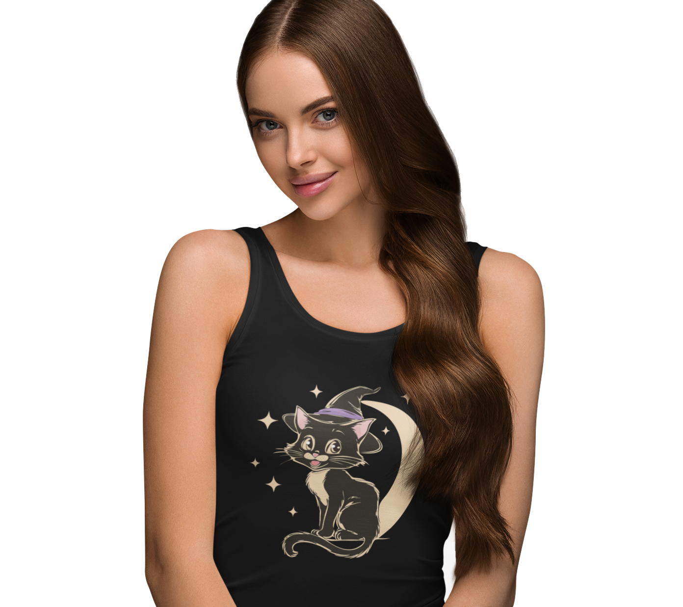 Witchy Kitty Women's Racerback Tank Top - Black Cat Halloween Tank with Retro Kitten with Witch Hat & Crescent Moon Print