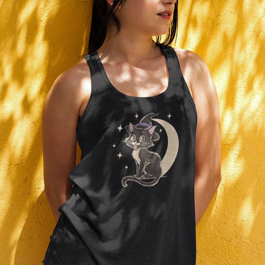Witchy Kitty Women's Racerback Tank Top - Black Cat Halloween Tank with Retro Kitten with Witch Hat & Crescent Moon Print