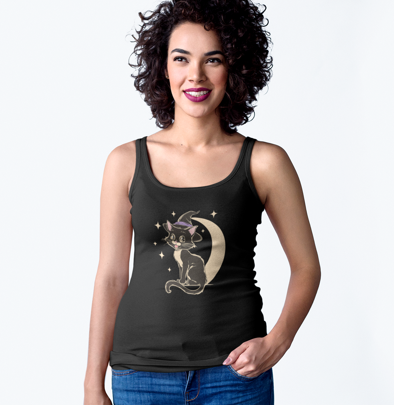 Witchy Kitty Women's Racerback Tank Top - Black Cat Halloween Tank with Retro Kitten with Witch Hat & Crescent Moon Print