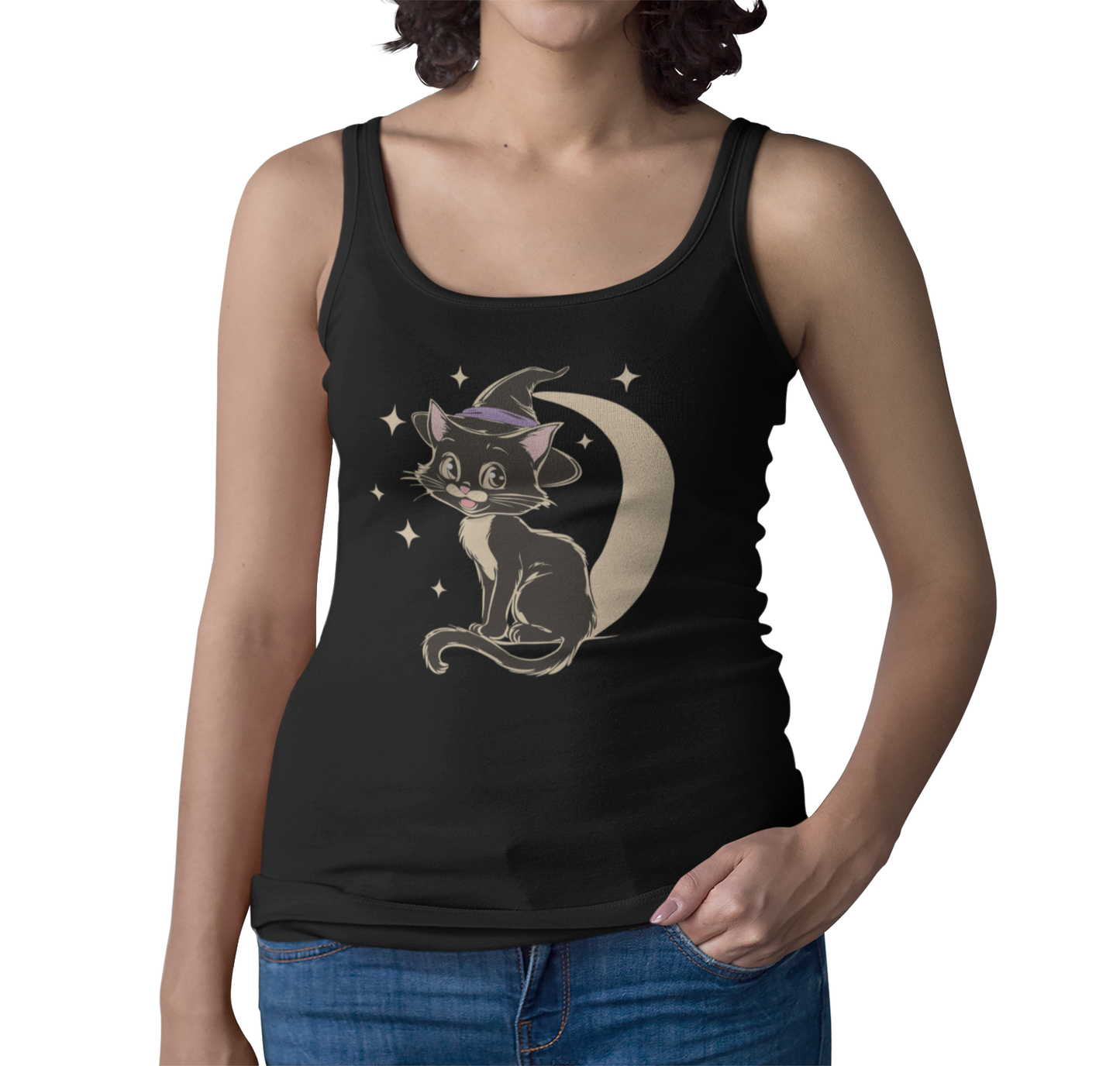 Witchy Kitty Women's Racerback Tank Top - Black Cat Halloween Tank with Retro Kitten with Witch Hat & Crescent Moon Print