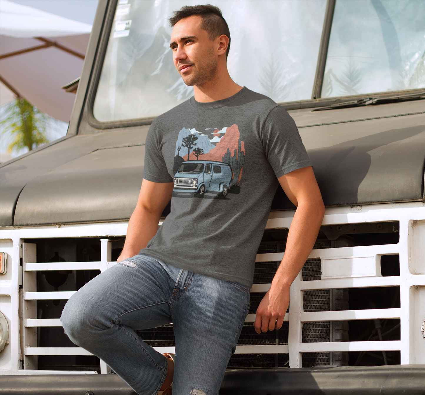 Arizona Desert Vanlife Camper Van Cotton T-shirt - Short Sleeve Tee Retro Van in Joshua Tree & Cactus Landscape