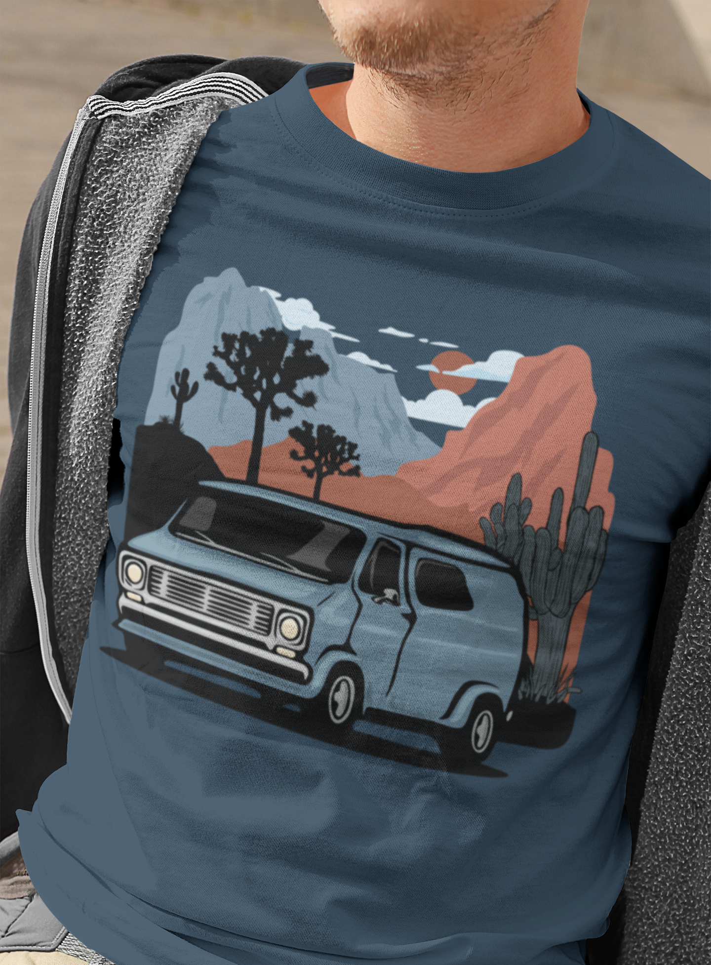 Arizona Desert Vanlife Camper Van Cotton T-shirt - Short Sleeve Tee Retro Van in Joshua Tree & Cactus Landscape