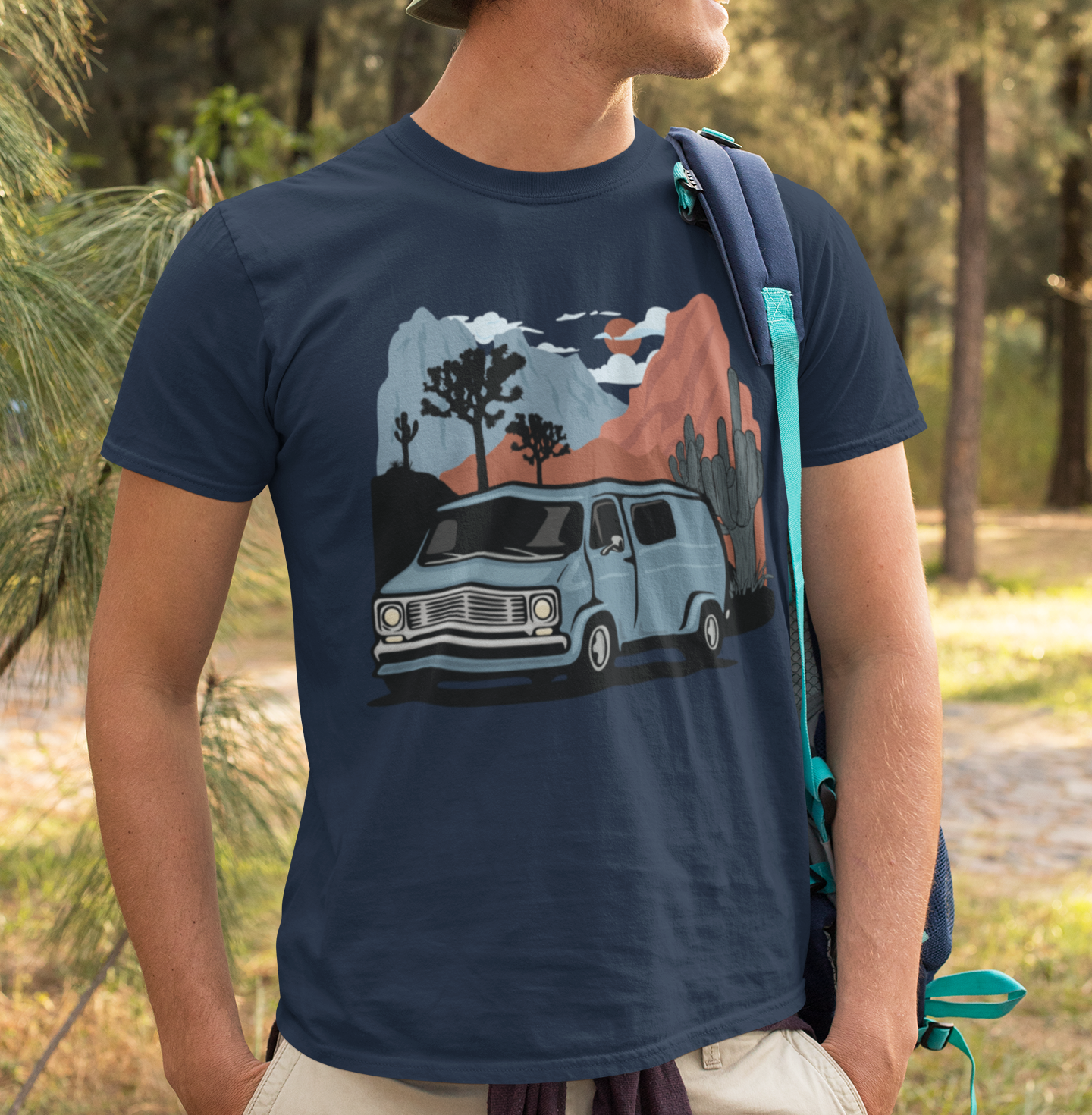 Arizona Desert Vanlife Camper Van Cotton T-shirt - Short Sleeve Tee Retro Van in Joshua Tree & Cactus Landscape