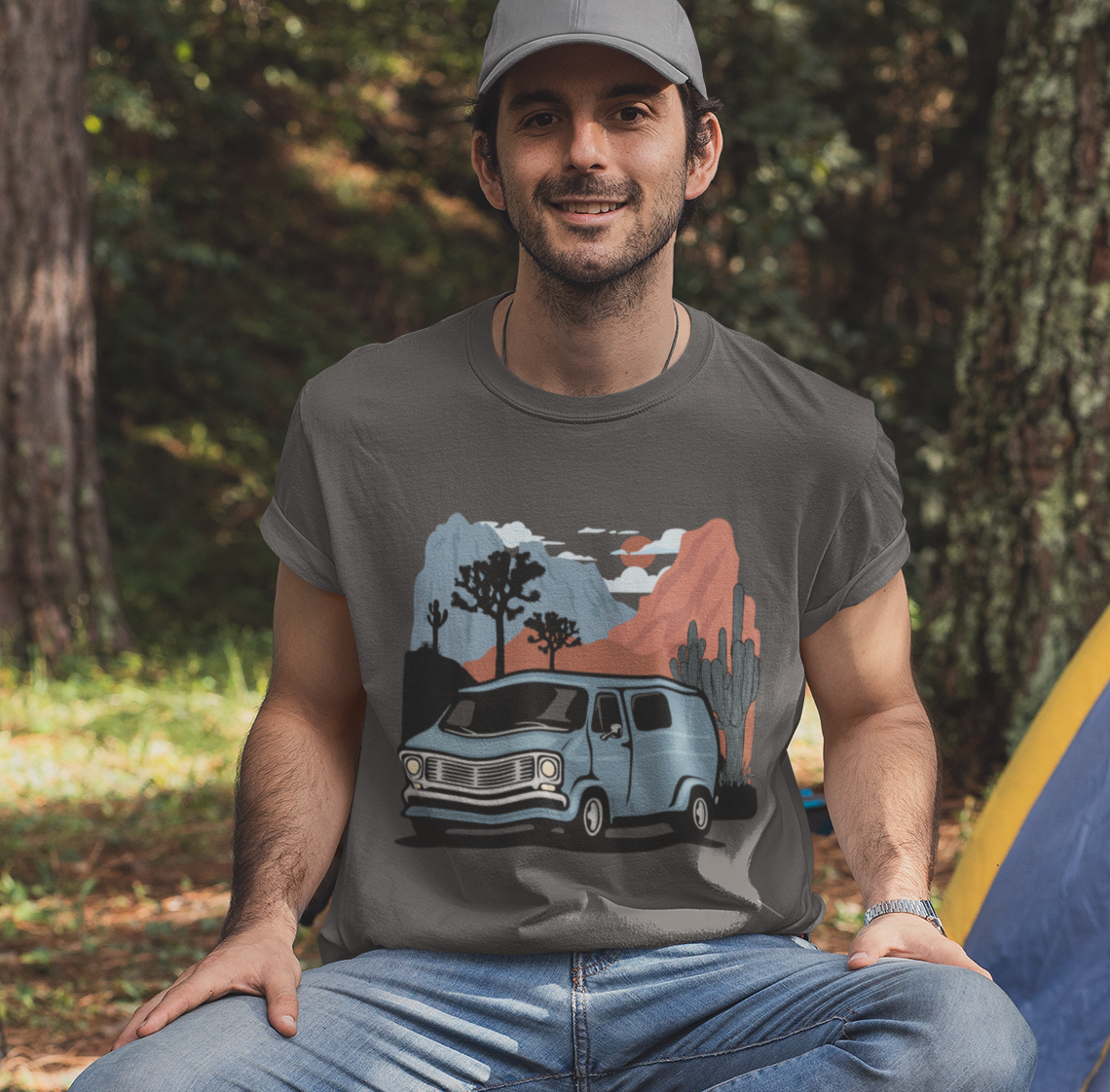 Arizona Desert Vanlife Camper Van Cotton T-shirt - Short Sleeve Tee Retro Van in Joshua Tree & Cactus Landscape
