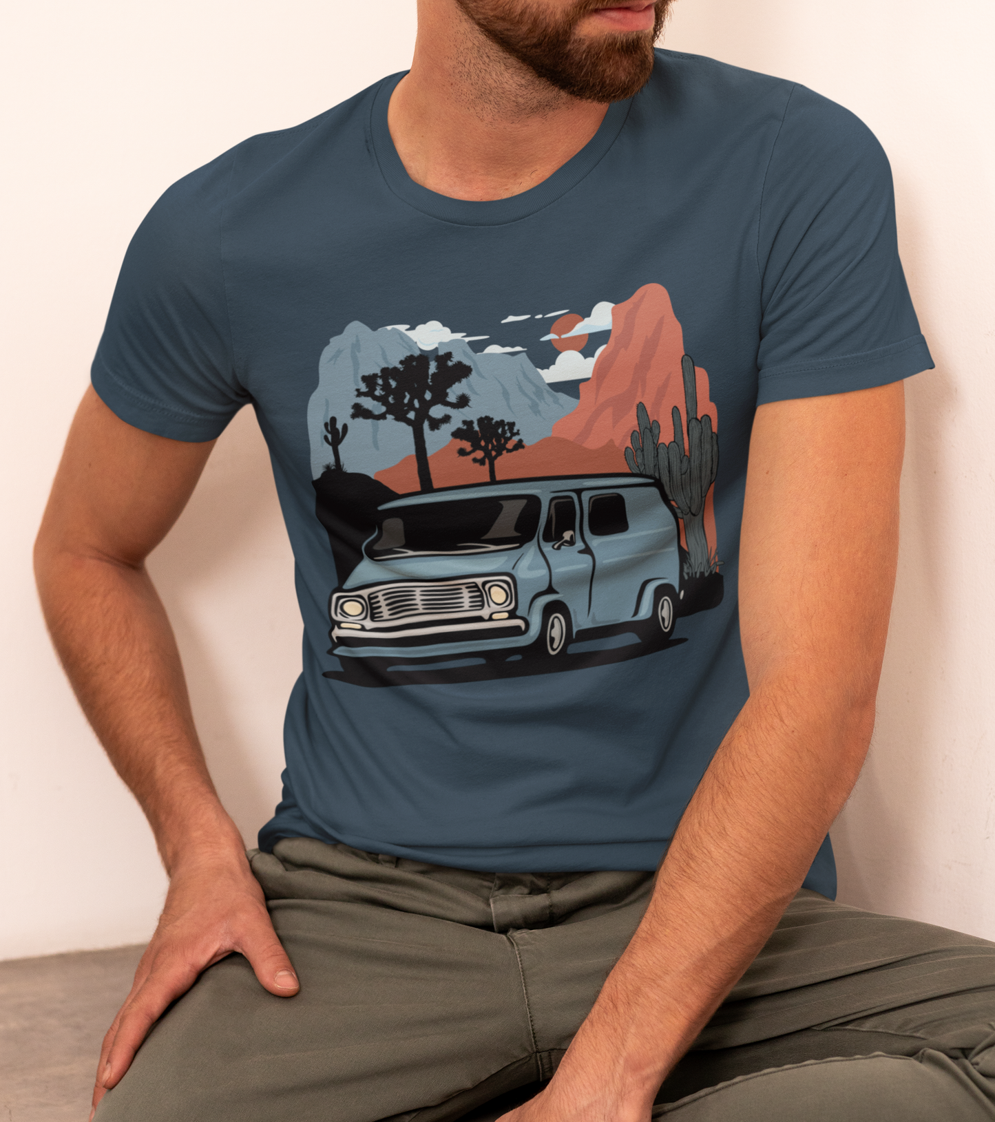 Arizona Desert Vanlife Camper Van Cotton T-shirt - Short Sleeve Tee Retro Van in Joshua Tree & Cactus Landscape