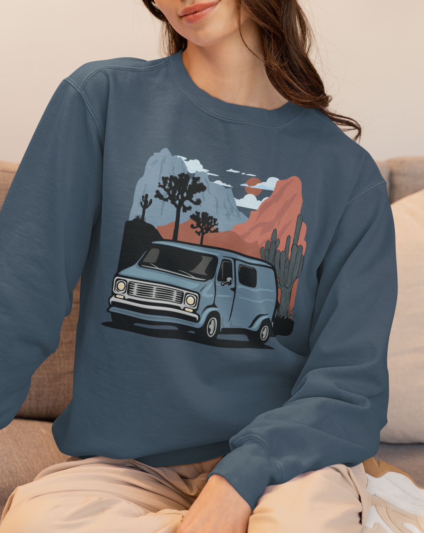 Arizona Desert Vanlife Camper Van Sweatshirt - Long Sleeve Crew Neck Sweater Retro Van in Joshua Tree & Cactus Landscape