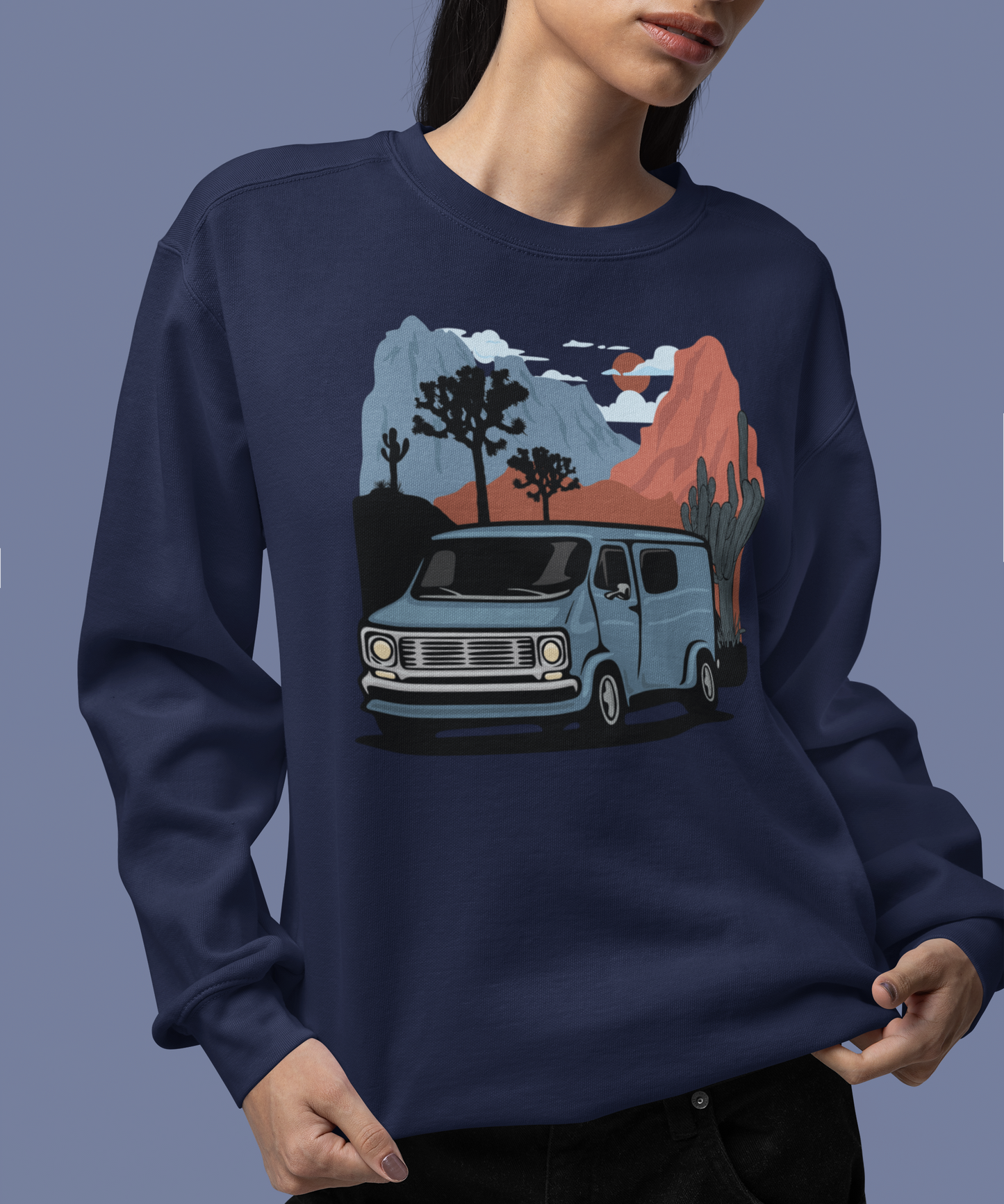 Arizona Desert Vanlife Camper Van Sweatshirt - Long Sleeve Crew Neck Sweater Retro Van in Joshua Tree & Cactus Landscape
