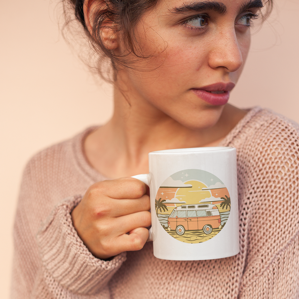 Vintage Van Dreams Coffee Mug - Nomad Vanlife Campervan White Ceramic Tea Mugs 11oz, Coastal Beach Travlel Gifts for Vanlifers