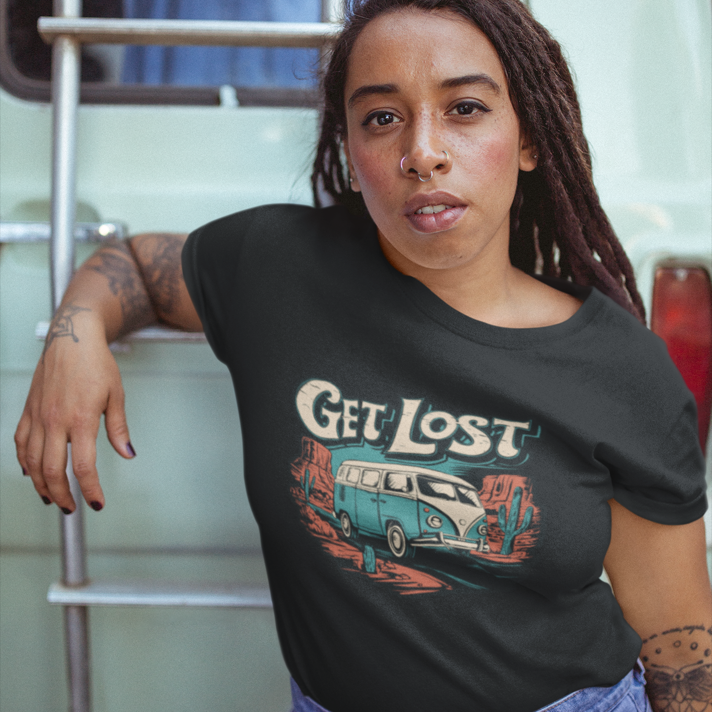 Get Lost Vintage Van Women's Fitted T-shirt - Vanlife Utah Arizona Desert Roadtrip Ladies Tee Travel Nomad T-shirts