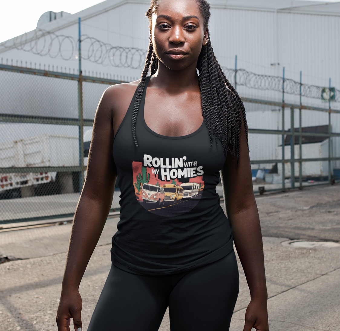 Rollin' With My Homies Tank Top - Van Skoolie RV Vanlife Caravan in the Desert Women's Sleeveless Shirt Racerback Tank