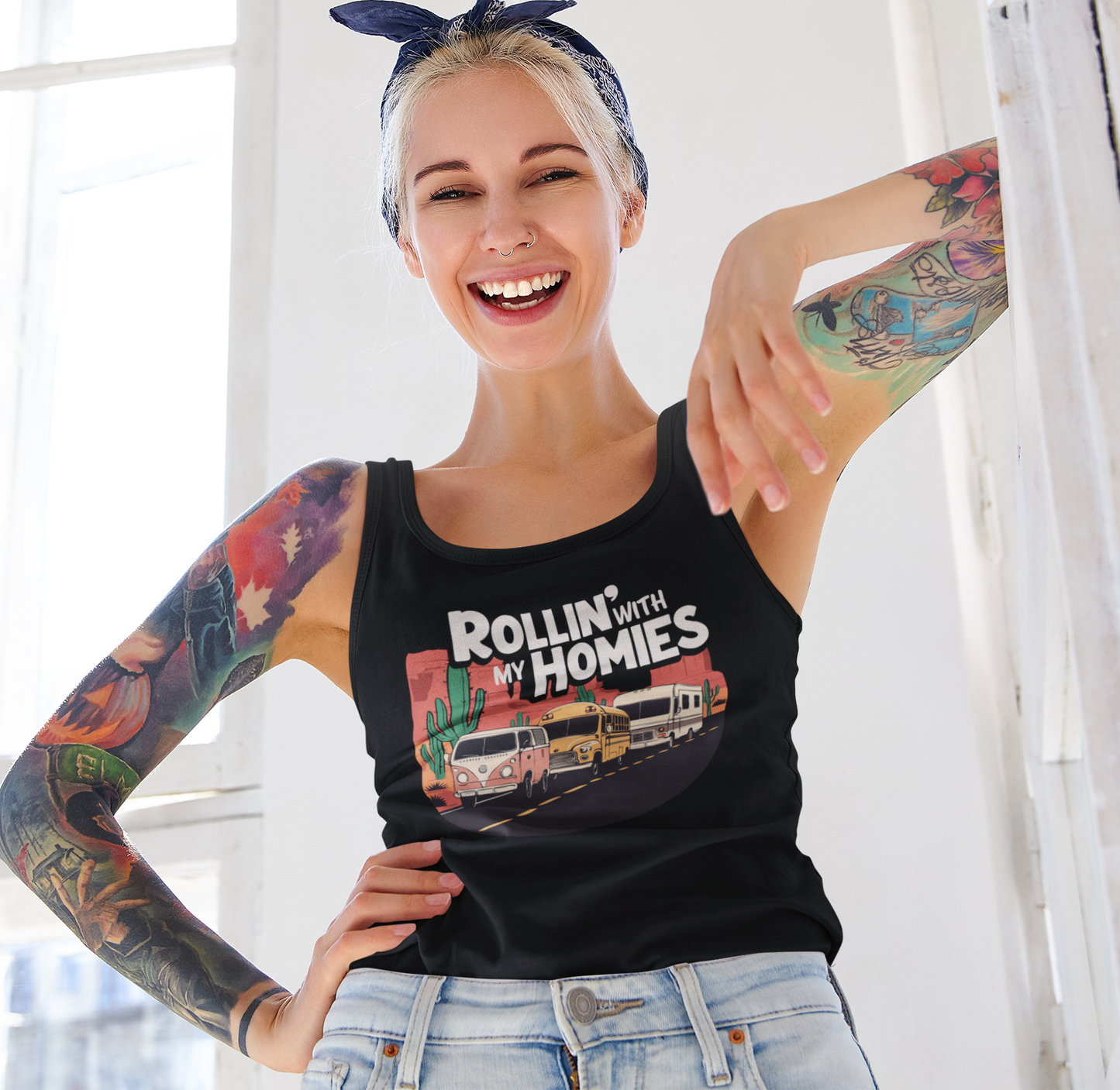 Rollin' With My Homies Tank Top - Van Skoolie RV Vanlife Caravan in the Desert Women's Sleeveless Shirt Racerback Tank