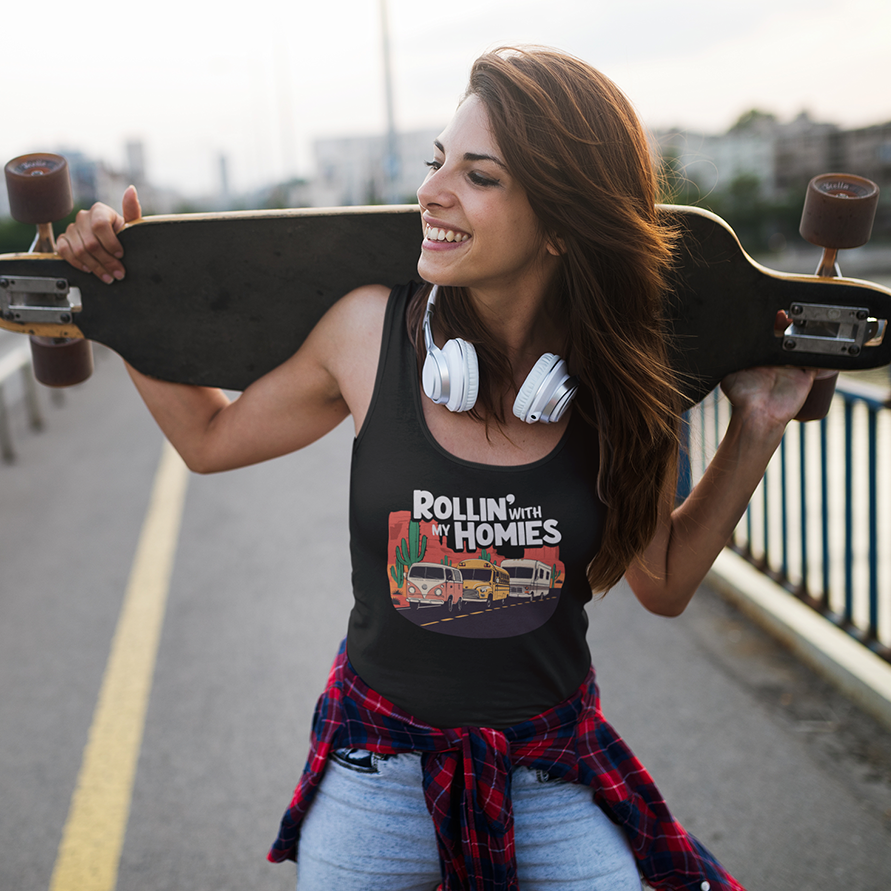 Rollin' With My Homies Tank Top - Van Skoolie RV Vanlife Caravan in the Desert Women's Sleeveless Shirt Racerback Tank