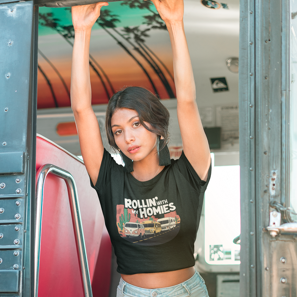 Rollin' With My Homies T-shirt - Van Skoolie RV Vanlife Roadtrip Caravan in the Desert T-shirts Unisex Mens Womens Cotton Tee