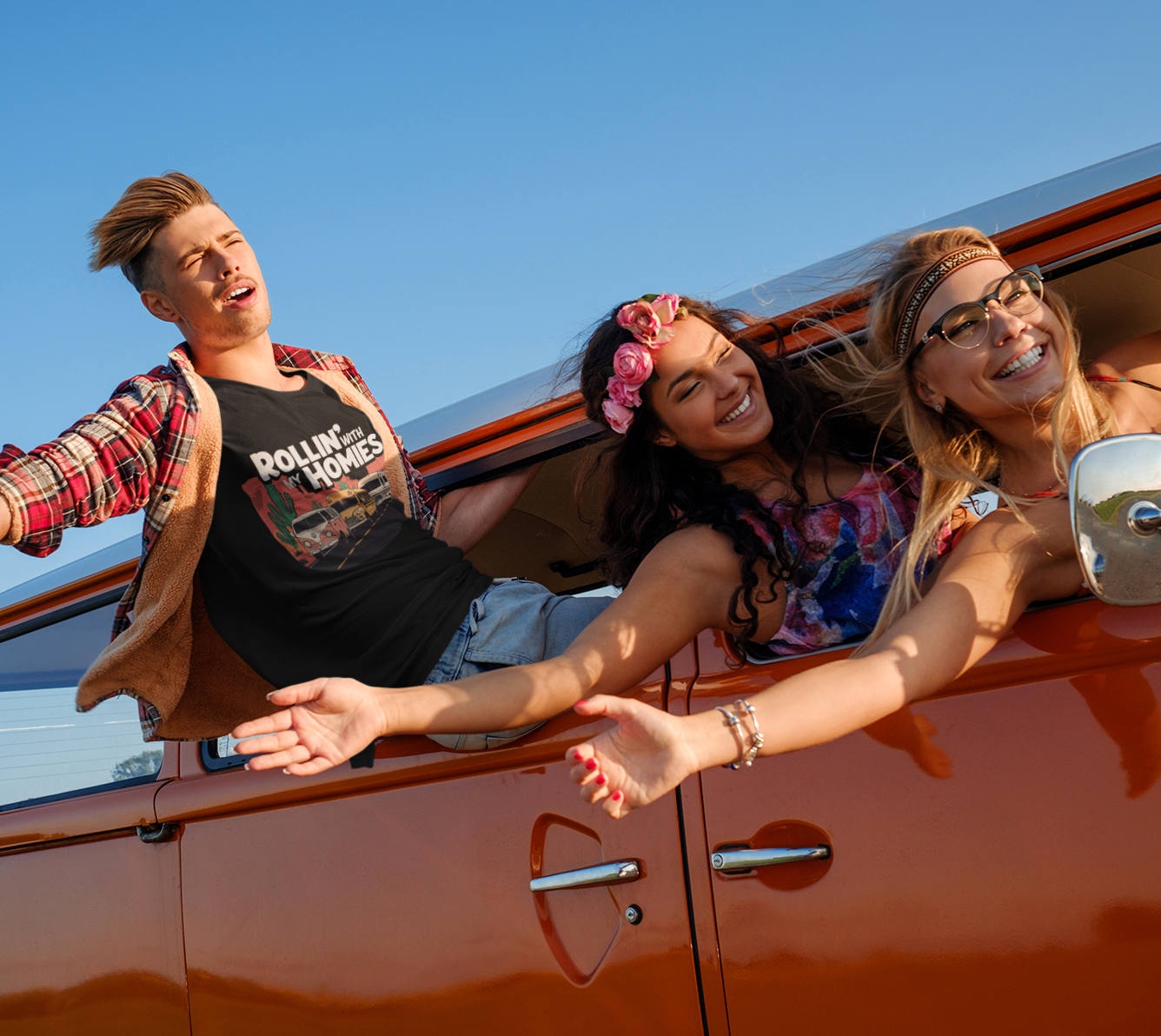 Rollin' With My Homies T-shirt - Van Skoolie RV Vanlife Roadtrip Caravan in the Desert T-shirts Unisex Mens Womens Cotton Tee