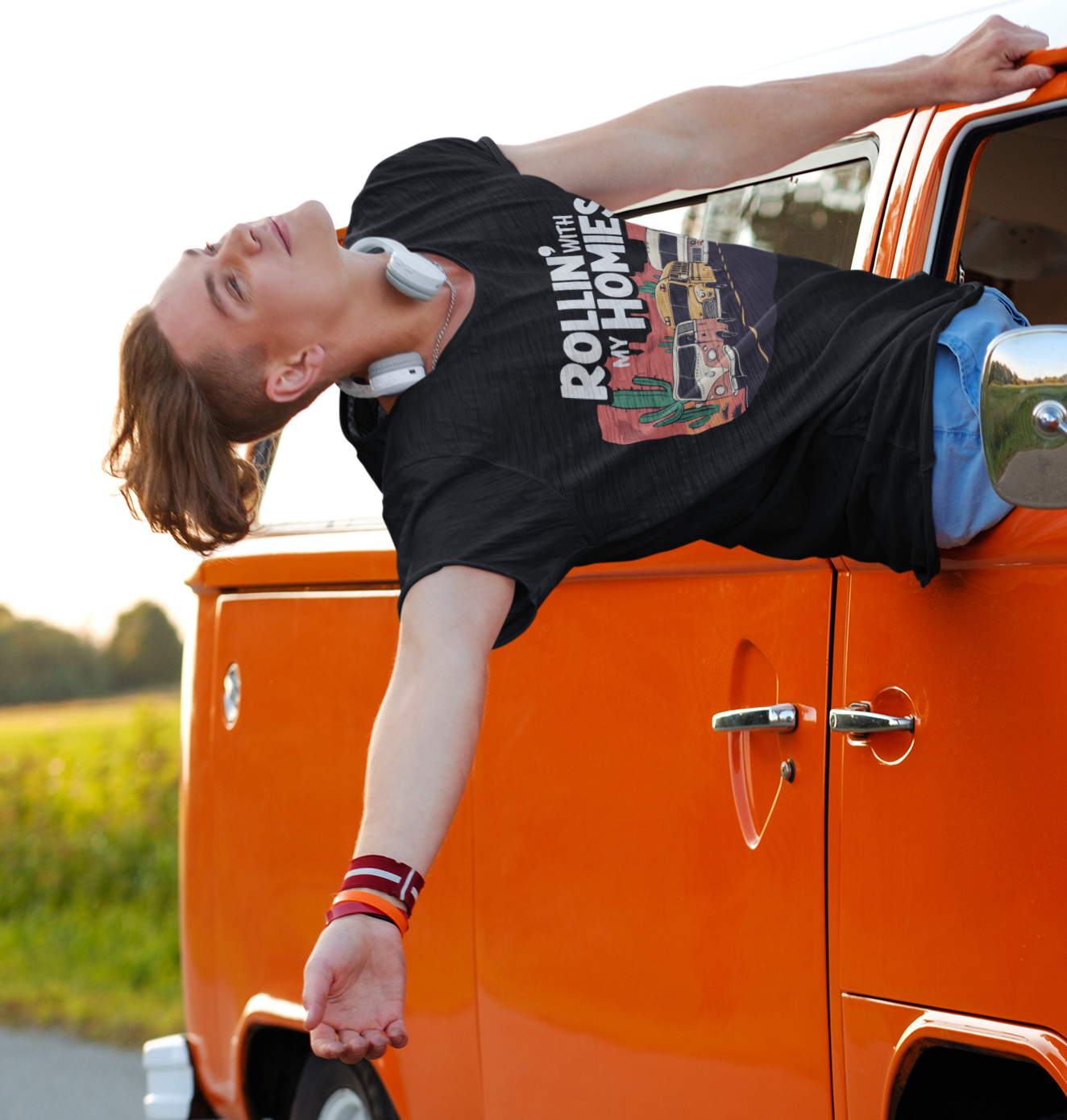 Rollin' With My Homies T-shirt - Van Skoolie RV Vanlife Roadtrip Caravan in the Desert T-shirts Unisex Mens Womens Cotton Tee