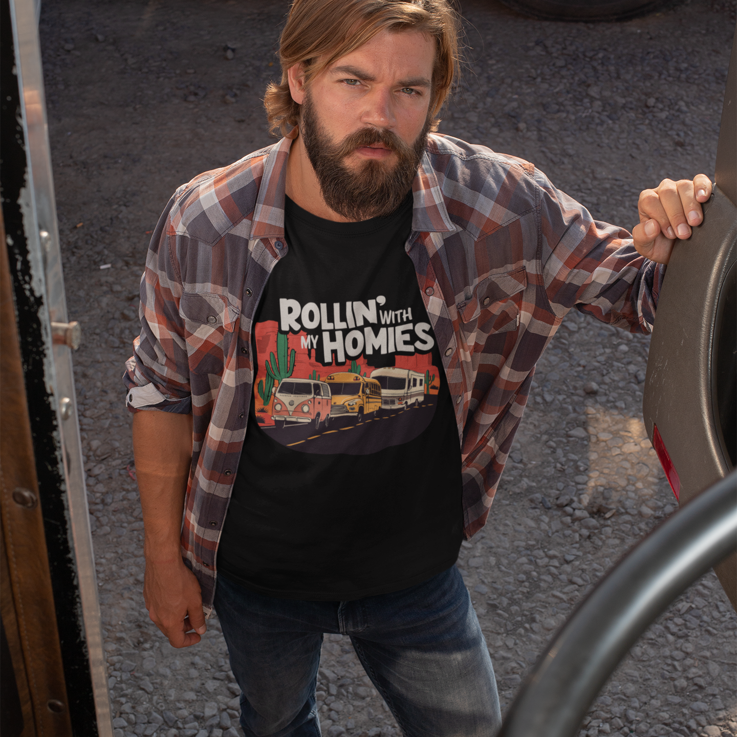 Rollin' With My Homies T-shirt - Van Skoolie RV Vanlife Roadtrip Caravan in the Desert T-shirts Unisex Mens Womens Cotton Tee