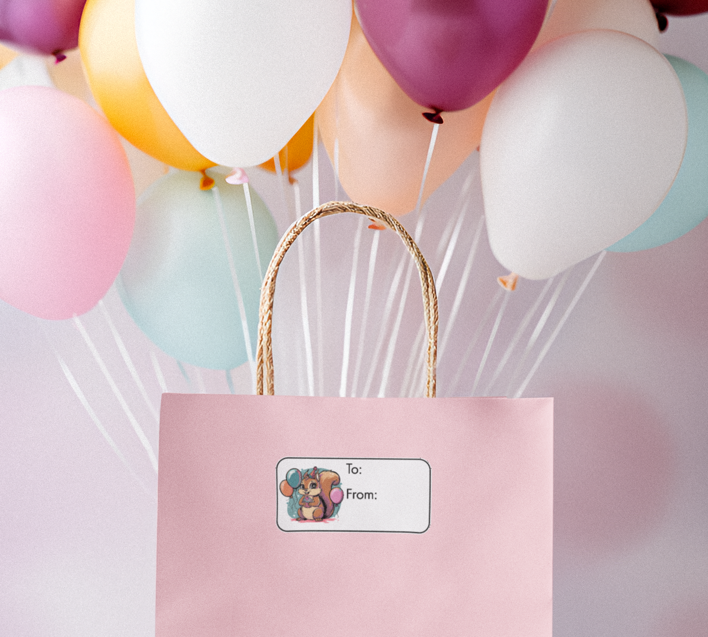 Birthday Squirrel Gift Tag Label Stickers, Sheet of 12 Cute Bday Party Celebration Squirrels with Balloon & Cupcake Gift Tags