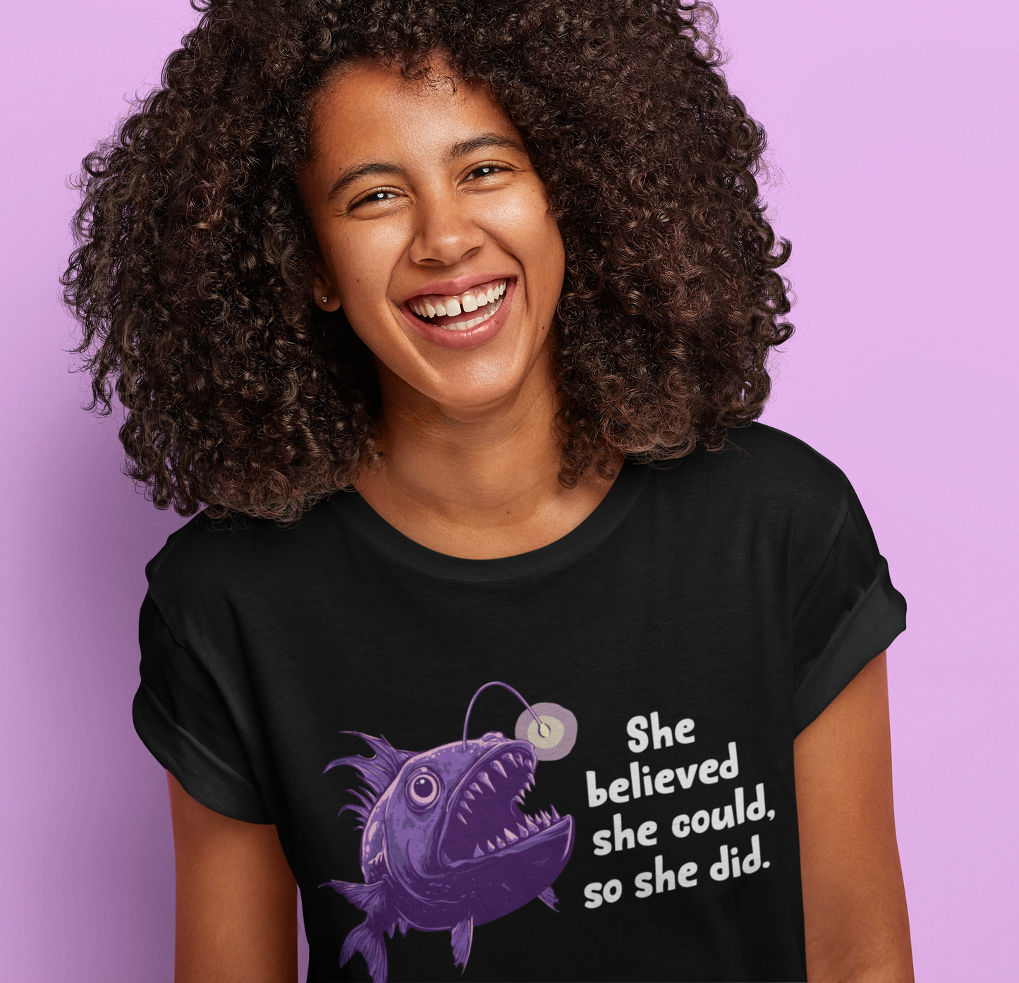 Deep Sea Anglerfish T-shirt - "She Believed She Could, So She Did" - Feminist Statement Tee, Gift for Women Empowerment