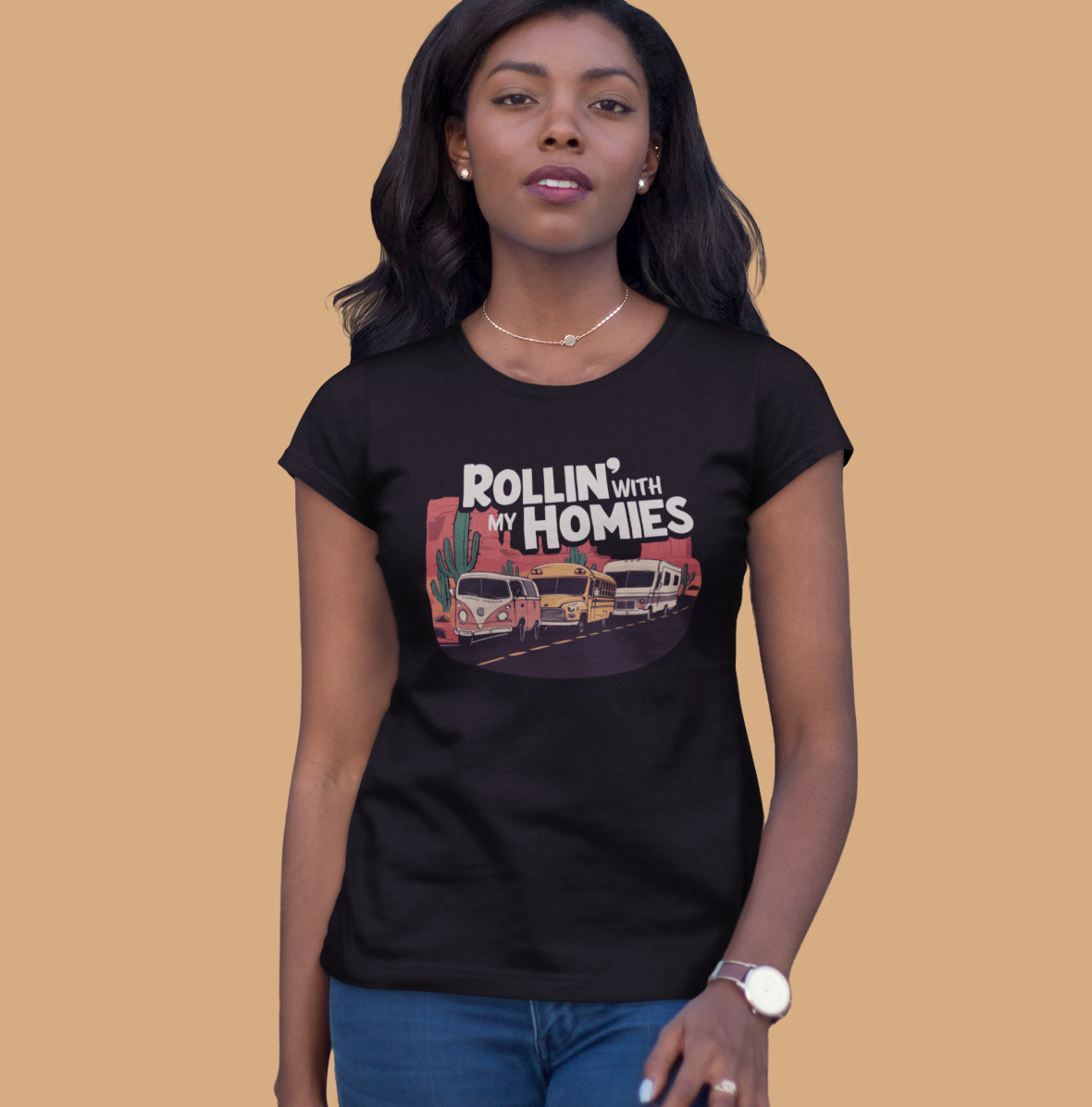 Rollin' With My Homies Van Skoolie RV Vanlife Caravan in the Desert Soft Fitted T-shirt Women's Soft Tee