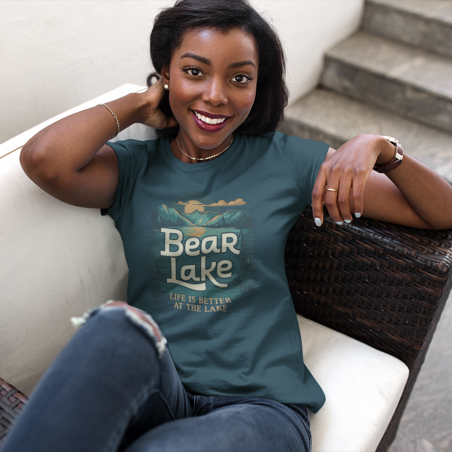 Bear Lake Summer Vacation Travel T-shirt Women's Favorite Fitted Cotton Tee with Scenic Mountain Lake View Short Sleeve Shirts