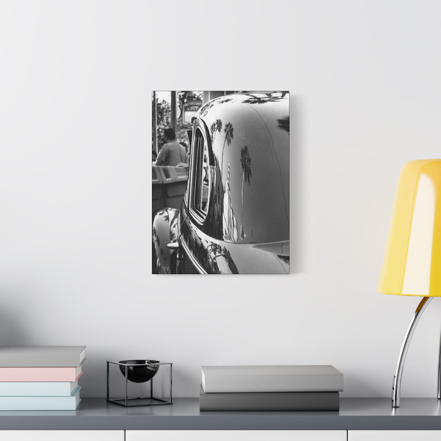 Vintage Car with Palm Tree Reflections Matte Stretched Canvas Art Photography Print, Florida Black & White Photography Wall Art 1.25"