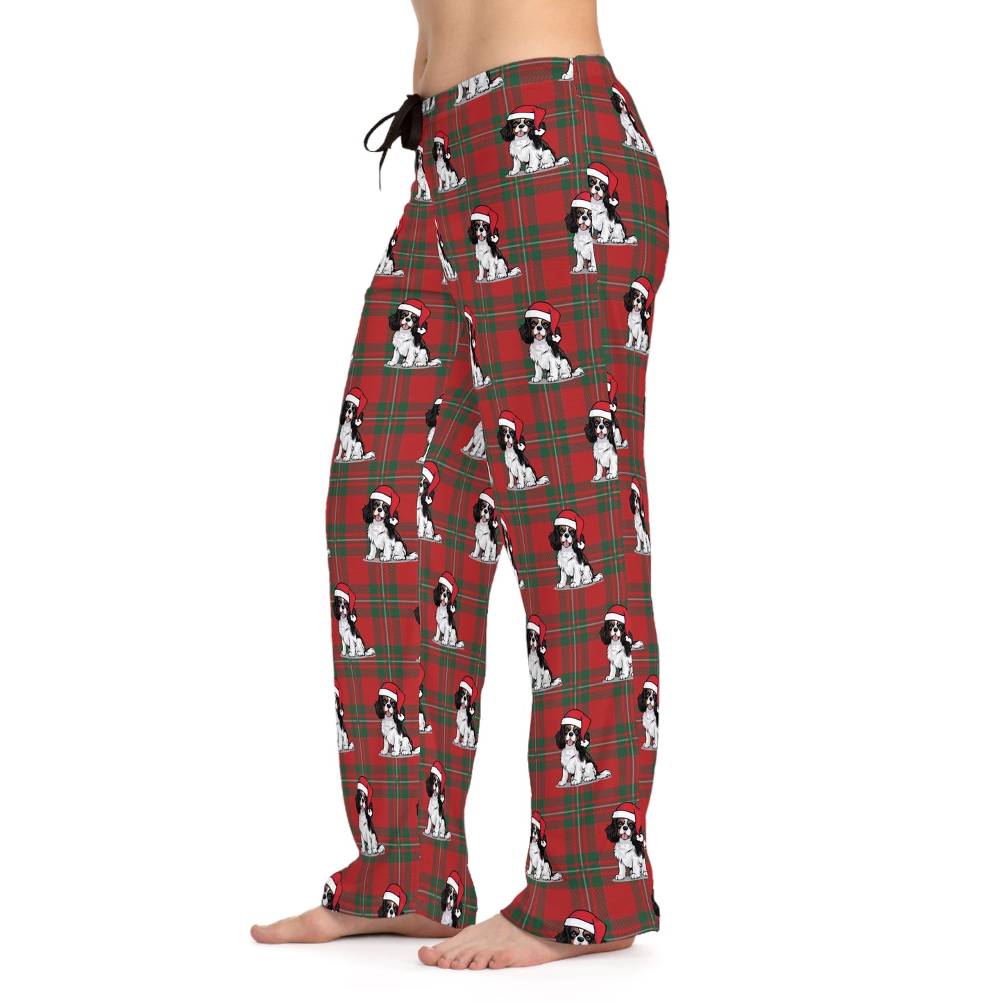 Cavalier King Charles Spaniel Dog Women's Christmas Pajama Pants, Santa Dogs Red Plaid PJ Bottoms, Winter Loungewear, Holiday Sleepwear