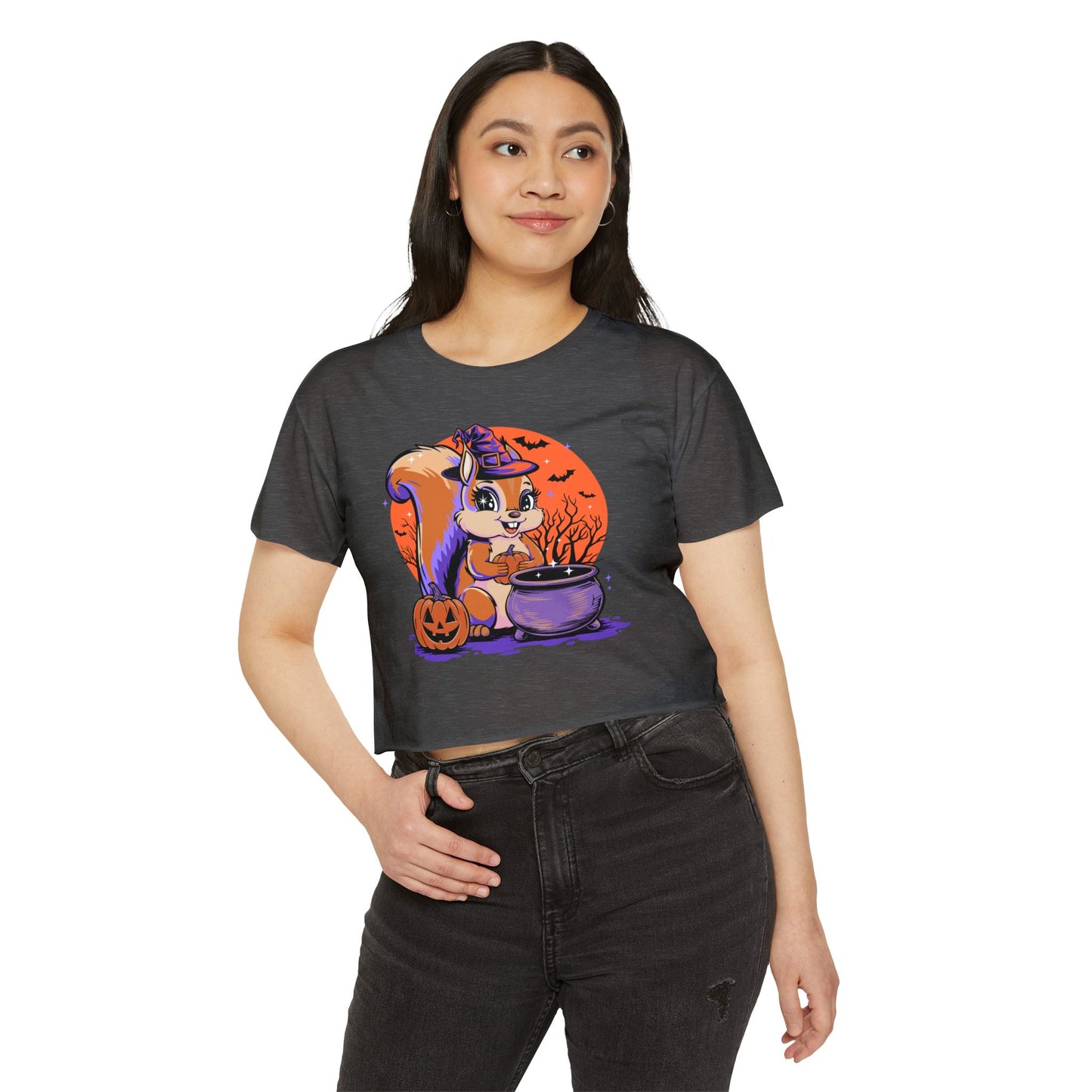 Witchy Squirrel Women's Crop Top Tee, Halloween Witch Squirrels Pumpkin Cauldron & Bats, Spooky Magical Cropped T-shirt Tees