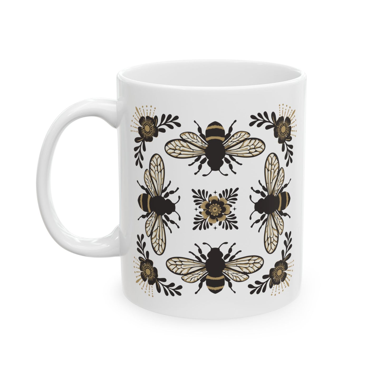Bees & Flowers Botanical Ceramic Coffee Mug - Garden Nature Lover's Gift, Insects Bugs Floral Tea Mugs, 4 Bee Art Design