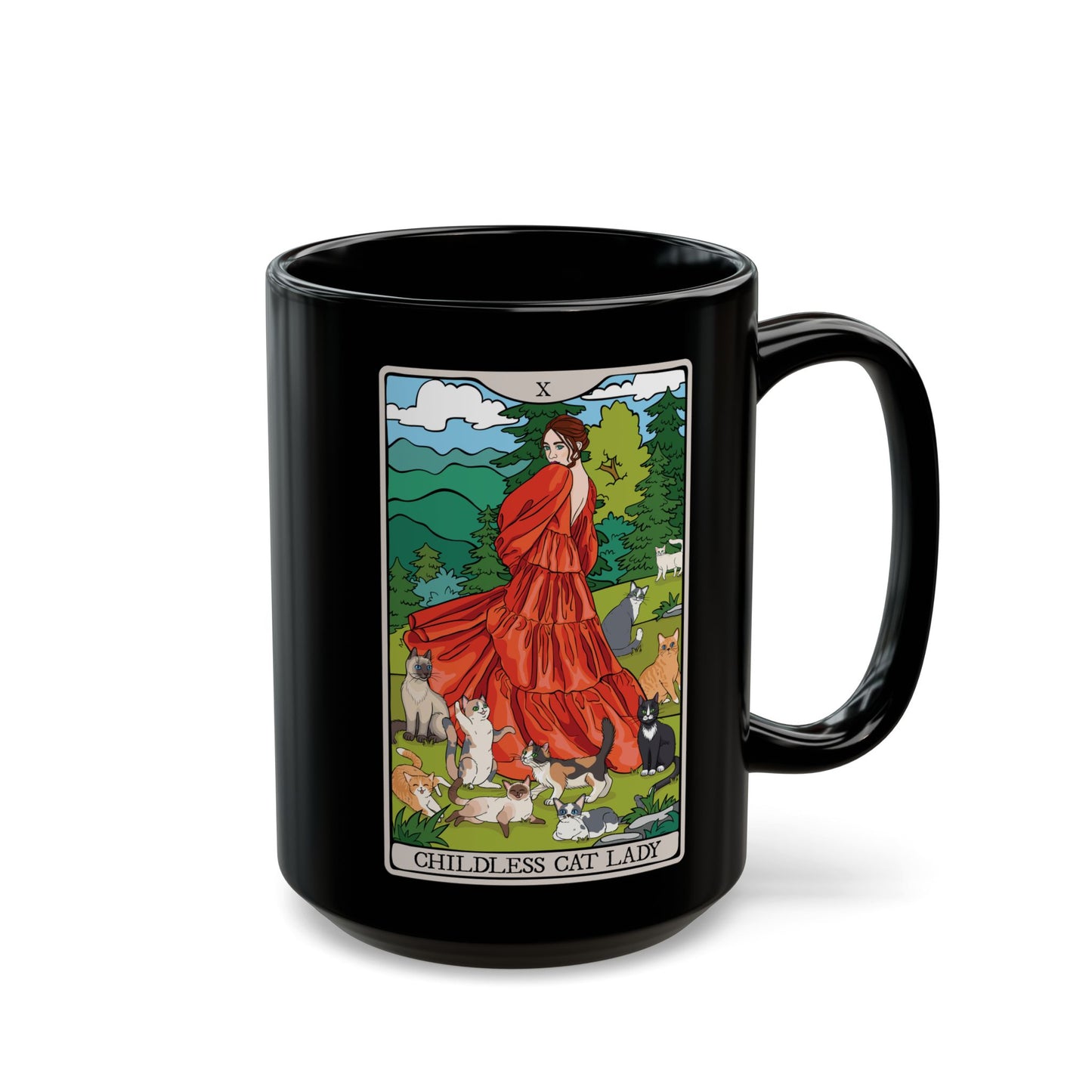 Black Mug - Childless Cat Lady Tarot Card Ceramic Coffee Cup, 15oz - Cat Lover Gift, Woman with Cats Mugs, Tarot Card Reader Gifts