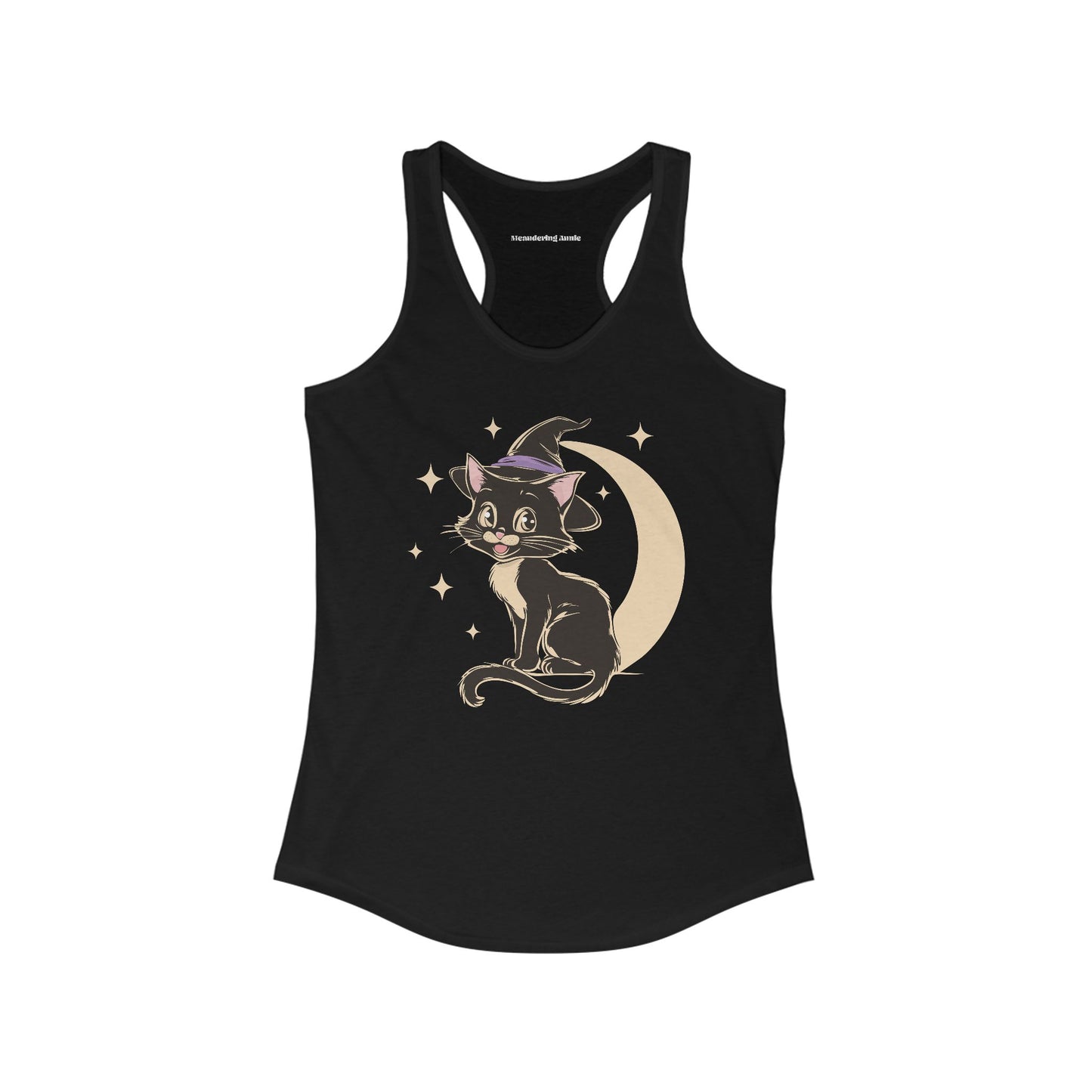 Witchy Kitty Women's Racerback Tank Top - Black Cat Halloween Tank with Retro Kitten with Witch Hat & Crescent Moon Print