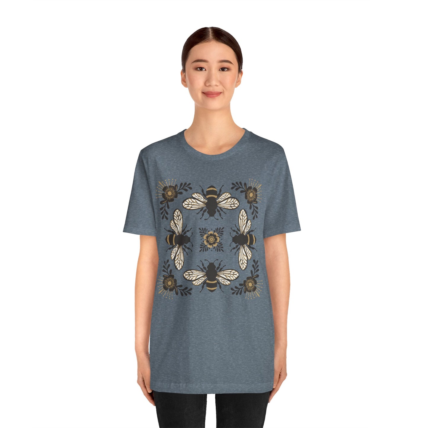 Bees & Flowers Botanical T-Shirt, Nature Lover Tee, Garden Gift for Women, Spring Summer Ladies Top, Tee with Four Bees Floral Graphic