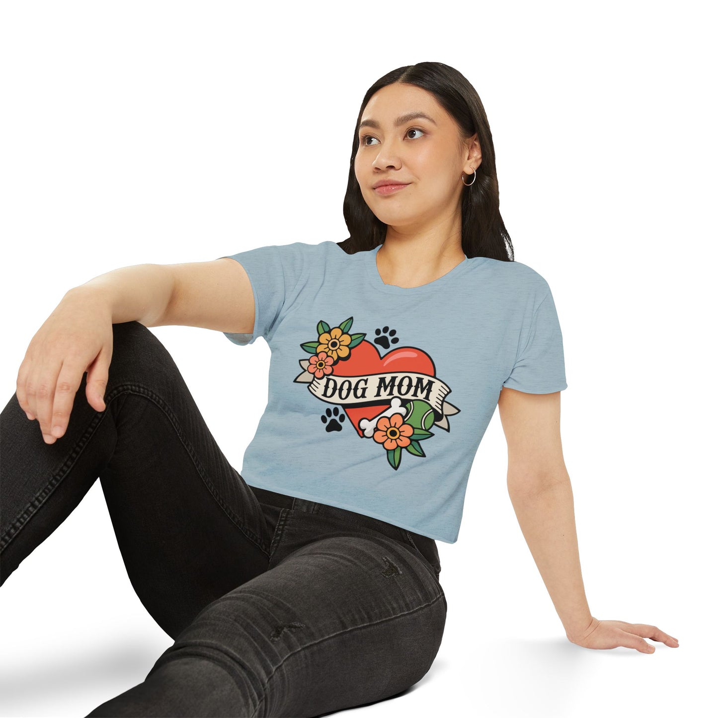 Dog Mom Heart Tattoo Crop Top | Retro Artwork Cropped T-shirt Floral Dogs Paw Print Design, Childless Dog Lady Pet Owner Tattoos Tee