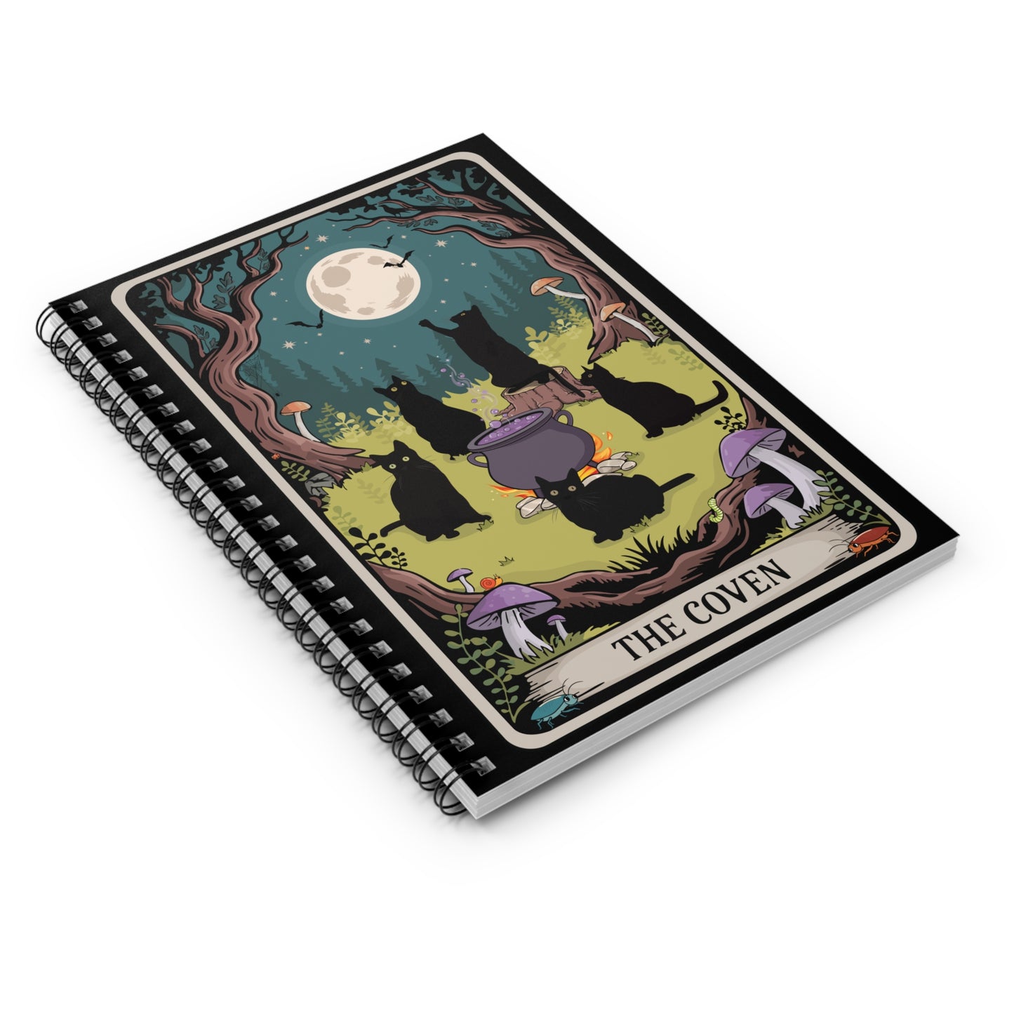 Mystical Black Cats Coven Tarot Card Notebook | 6"x8" Spiral Bound Lined Note Book, Witchcraft Journal, Halloween Cat Lover Gifts