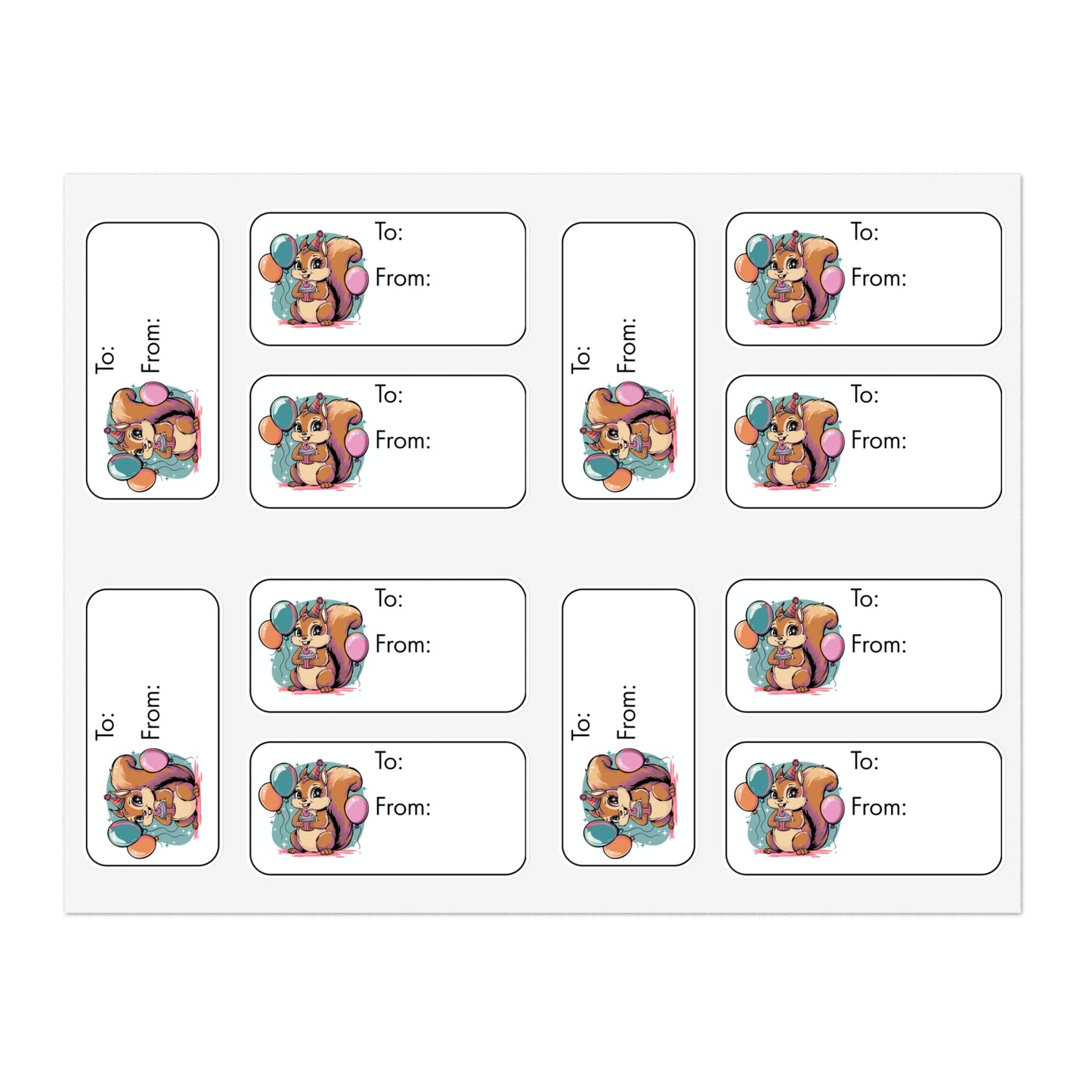 Birthday Squirrel Gift Tag Label Stickers, Sheet of 12 Cute Bday Party Celebration Squirrels with Balloon & Cupcake Gift Tags