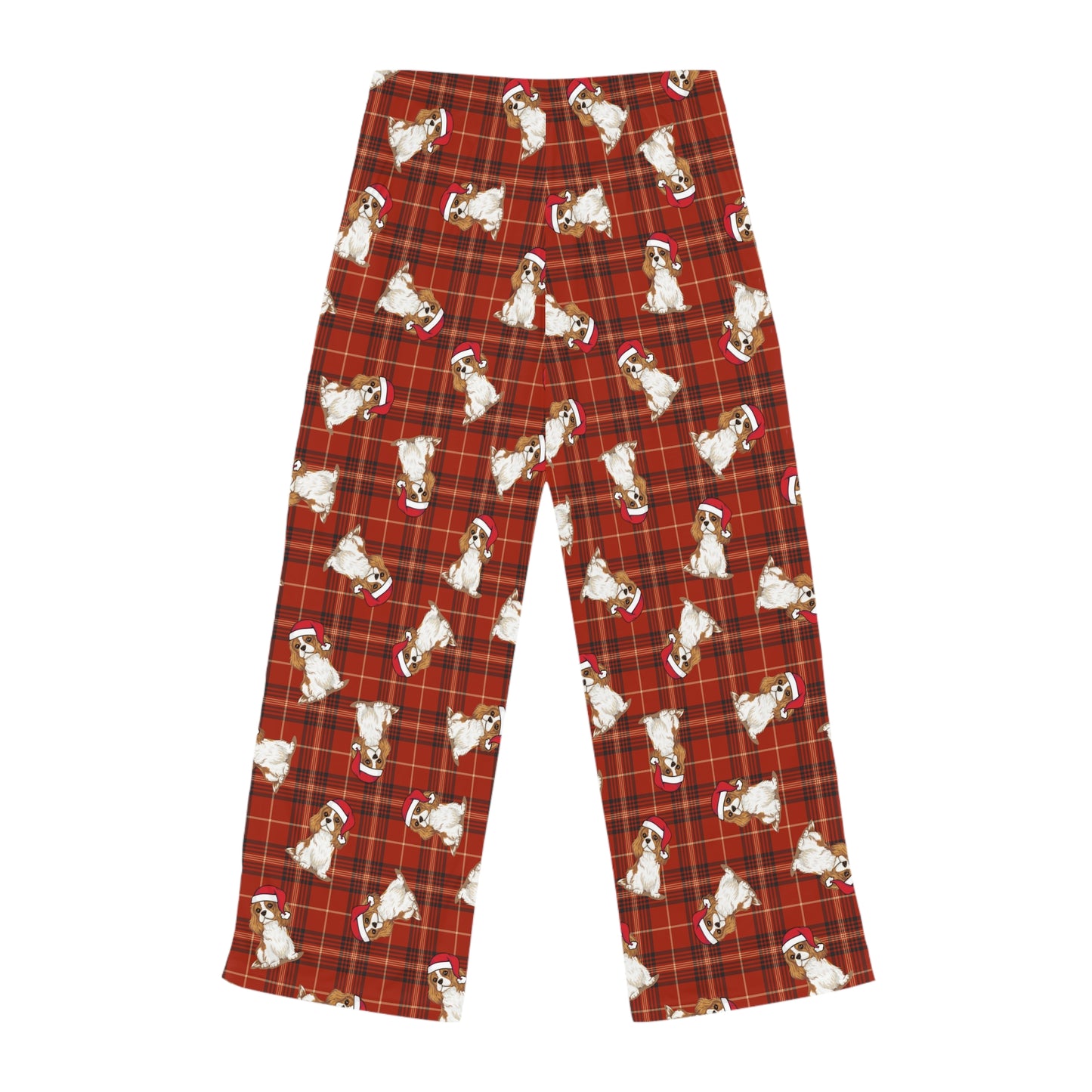 Red Plaid Cavalier King Charles Spaniel Dog Women's Christmas Pajama Pants, Santa Dogs PJ Bottoms, Winter Loungewear, Holiday Sleepwear