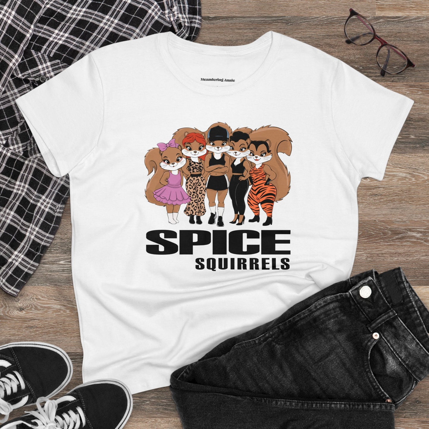 Spice Squirrels Semi-Fitted Ladies T-shirt Women's Midweight Cotton Tee with Funny Parody Squirrel Print