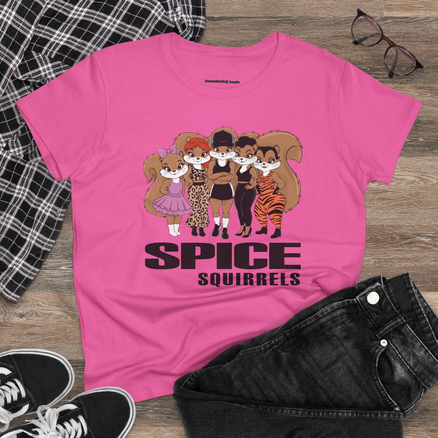 Spice Squirrels Semi-Fitted Ladies T-shirt Women's Midweight Cotton Tee with Funny Parody Squirrel Print