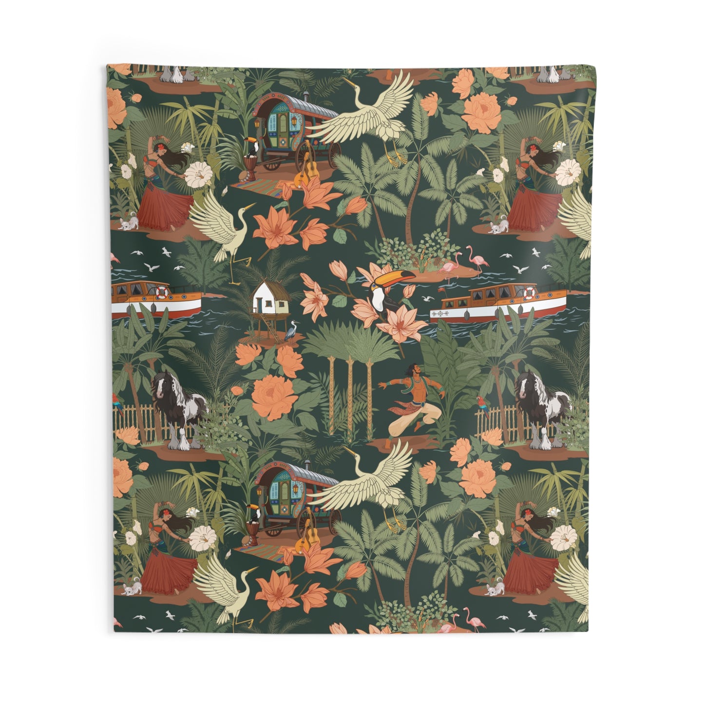 Tropical Nomad Jungle Caravan Pattern Indoor Wall Tapestry | Island Birds, Flowers, Palm Trees Hanging Home Decor Tapestries 88"x104"